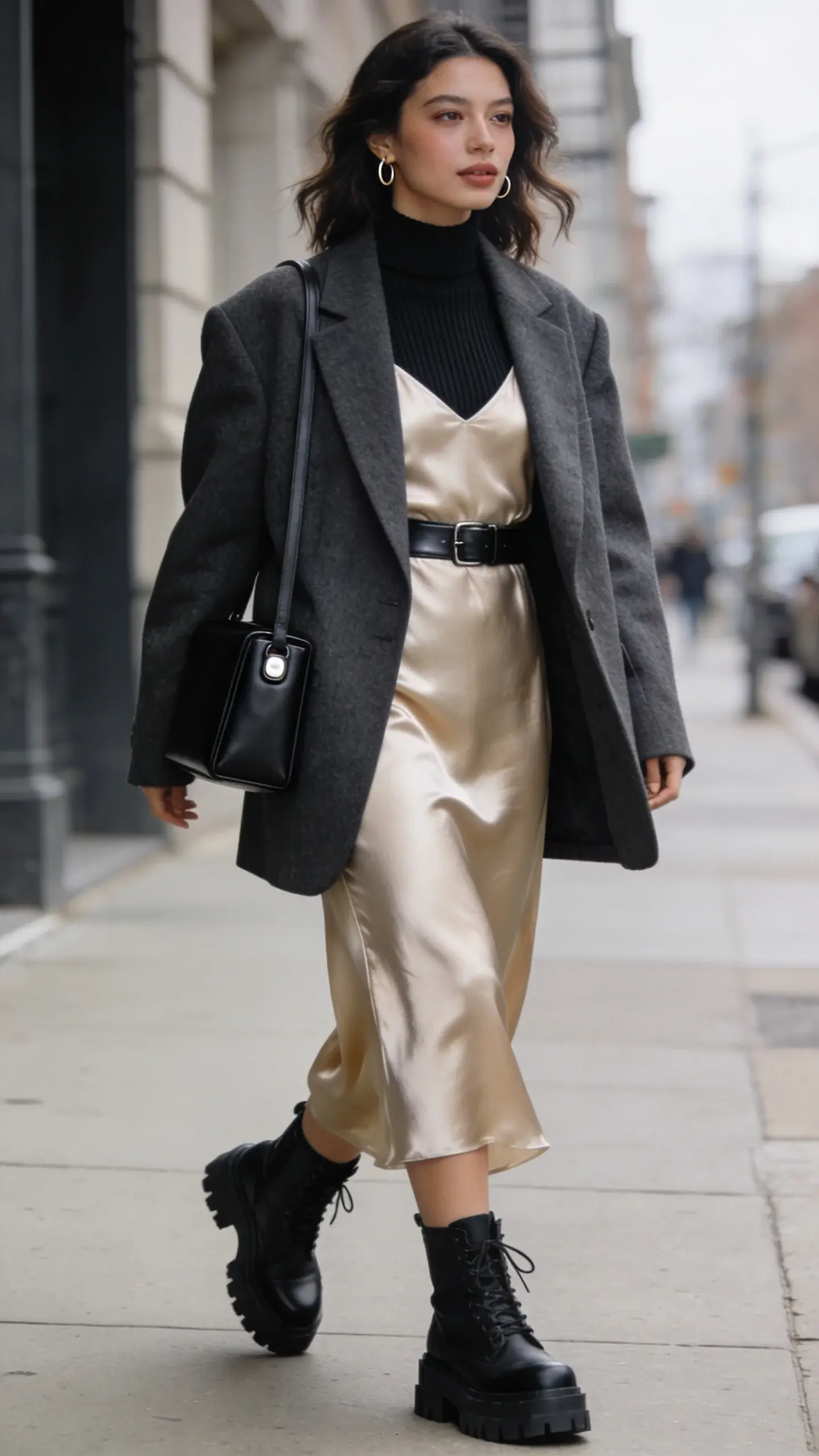 Street-style photo of a woman wearing a midi satin slip dress layered over a thin black ribbed turtleneck, topped with an oversized charcoal gray blazer; she adds a slim black leather belt at the waist, chunky black combat boots, and a boxy black shoulder bag with minimal hardware. The slip is champagne satin for soft shine, contrasted with matte knit and structured wool blazer. Natural, glowy makeup, loose waves, small hoop earrings. Shot on a slightly overcast day on a city sidewalk with soft diffused light, shallow depth of field, full-body angle with a slight three-quarter turn, walking motion. Emphasize realistic textures: satin sheen, ribbed knit, smooth leather, and wool weave. Neutral color palette, clean modern styling, high-resolution editorial street fashion photography.