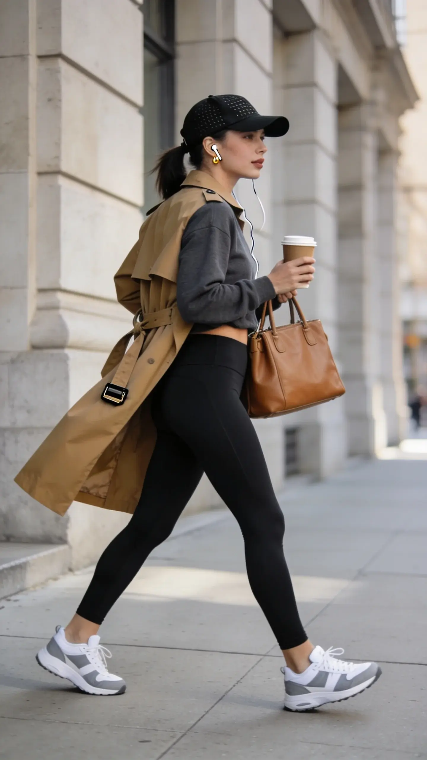 Street-style editorial photo of a woman in elevated athleisure running errands in the city: she wears matte black high-waisted leggings, a charcoal cotton crewneck front-tucked, and a classic tan trench coat left open. On her feet are retro white-and-gray sneakers; she carries a structured tan leather tote on one arm and wears a black baseball cap with subtle texture. Color palette is tonal—black, gray, tan. She’s mid-stride on a clean urban sidewalk near neutral stone buildings and soft morning light, coffee in hand, earbuds in. Styling is minimal and polished: trench belted at the back for shape, delicate gold stud earrings, natural makeup, neat low ponytail. Cinematic, full-body, eye-level, shallow depth of field, crisp detail, realistic textures in trench and leggings, natural shadows, no text. Photography by a fashion street-style lens, 50mm prime, high-resolution.