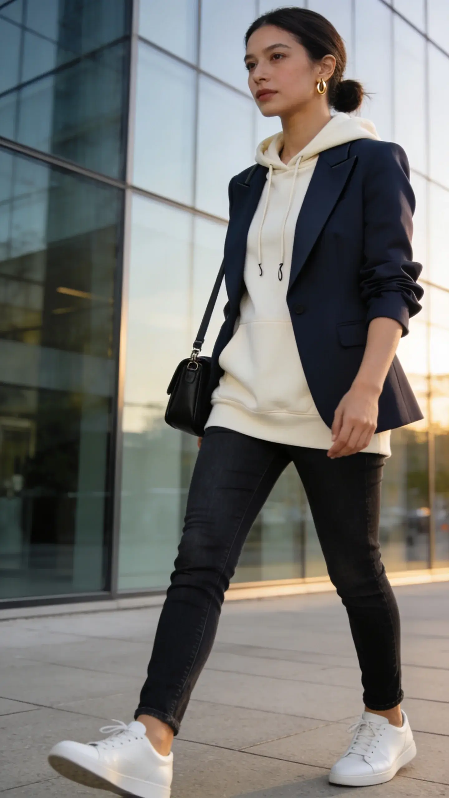 Street-style portrait of a woman wearing a cream lightweight hoodie layered under a structured navy blazer, paired with slim dark-wash jeans and clean white leather sneakers; she carries a small black crossbody satchel. The hoodie hem subtly peeks below the blazer for dimension, cords neatly tucked, palette kept to cream, navy, and black. Shot on a city sidewalk near a modern glass office building for a casual-office vibe, late afternoon soft natural light, shallow depth of field. The blazer is tailored with sharp lapels, sleeves slightly scrunched; hoodie is thin, fitted, with a minimal kangaroo pocket. Realistic skin texture, natural makeup, loose low bun, small gold hoop earrings. Photographed at eye level, three-quarter framing, high-resolution editorial street fashion photography.