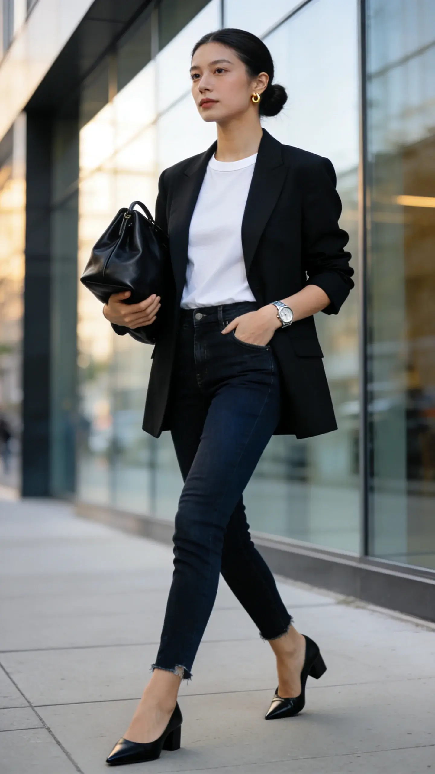Street-style photo of a confident woman in a “power blazer + tee” look, walking mid-stride on a clean city sidewalk near modern glass buildings in soft morning light. She wears a tailored, slightly oversized black blazer that skims the shoulders, a crisp white crewneck tee with a clean neckline tucked into dark-wash slim jeans, and black pointed-toe low block heels. Accessories: structured black leather tote carried in the crook of her arm, minimalist gold stud earrings, slim silver watch. Hair in a smooth low bun, natural makeup with subtle glow. Pose: relaxed, one hand in pocket, the other holding the tote; gaze forward with a calm, self-assured expression. Styling details: sleeves pushed to 3/4 length to reveal the watch, tee perfectly smooth, jeans ankle-length with no distressing. Background slightly blurred for depth of field; color palette neutral and polished (black, white, dark indigo). Photorealistic, high-resolution fashion editorial lighting, no text, full-body composition.