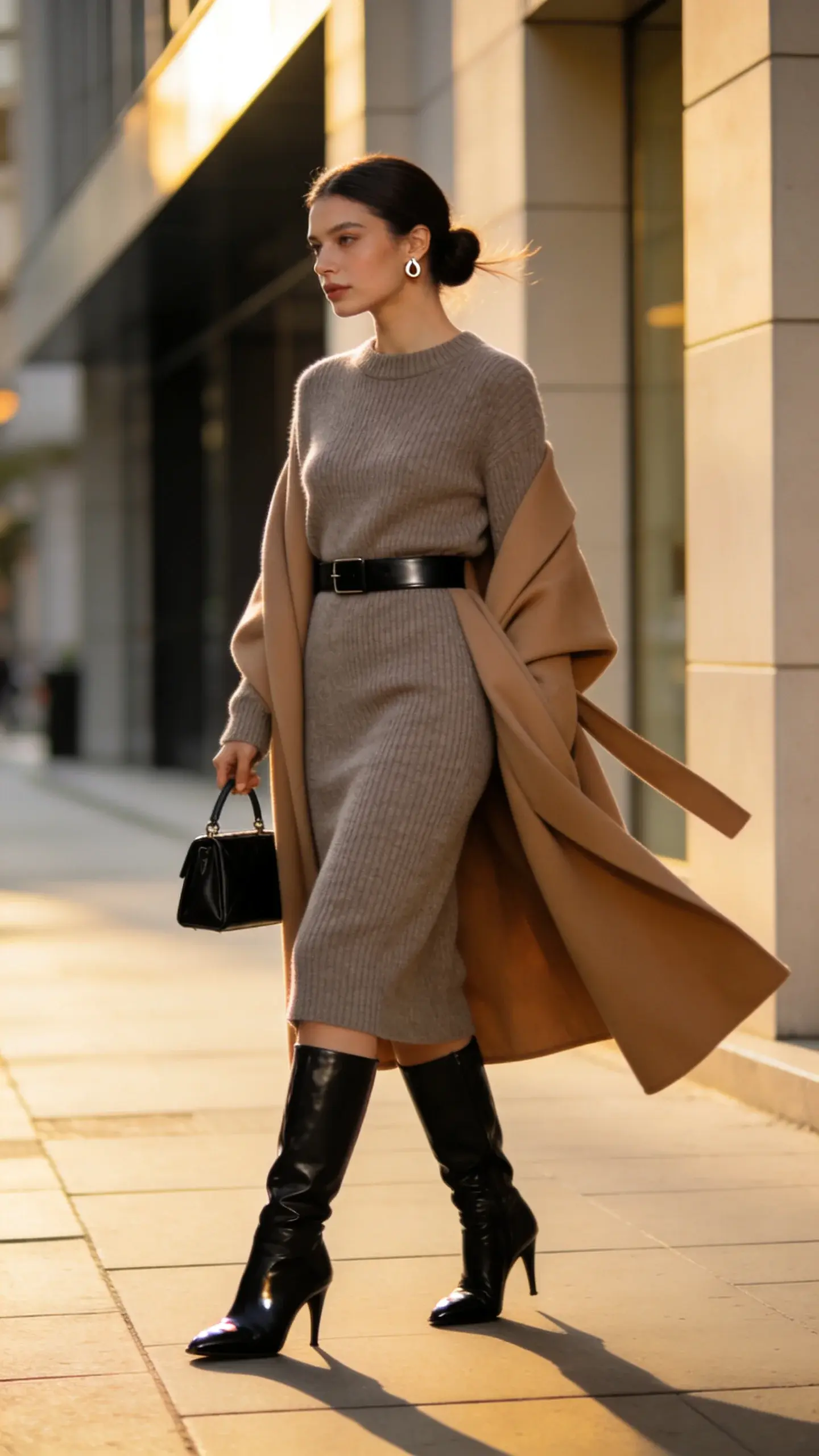 Full-body street-style fashion photo of a woman wearing a ribbed midi knit dress that gently skims her figure (crew neckline, soft heather taupe), paired with sleek knee-high black leather boots (slim heel), a slim black leather belt cinched at her natural waist, and a camel longline wrap coat draped open. She carries a structured black mini top-handle bag and wears minimalist statement stud earrings. Scene: early golden hour on a clean, upscale city sidewalk with soft backlighting and shallow depth of field; neutral, modern architecture in the background, slight breeze giving coat subtle movement. Styling details: dress hits mid-calf, no seam pulling, smooth knit texture visible; belt centered and flat; boots polished with slight shine; natural makeup with soft glow, hair in a low, neat bun. Photographic style: realistic high-resolution editorial fashion photography, 50mm lens look, warm tones, crisp contrast, no text.