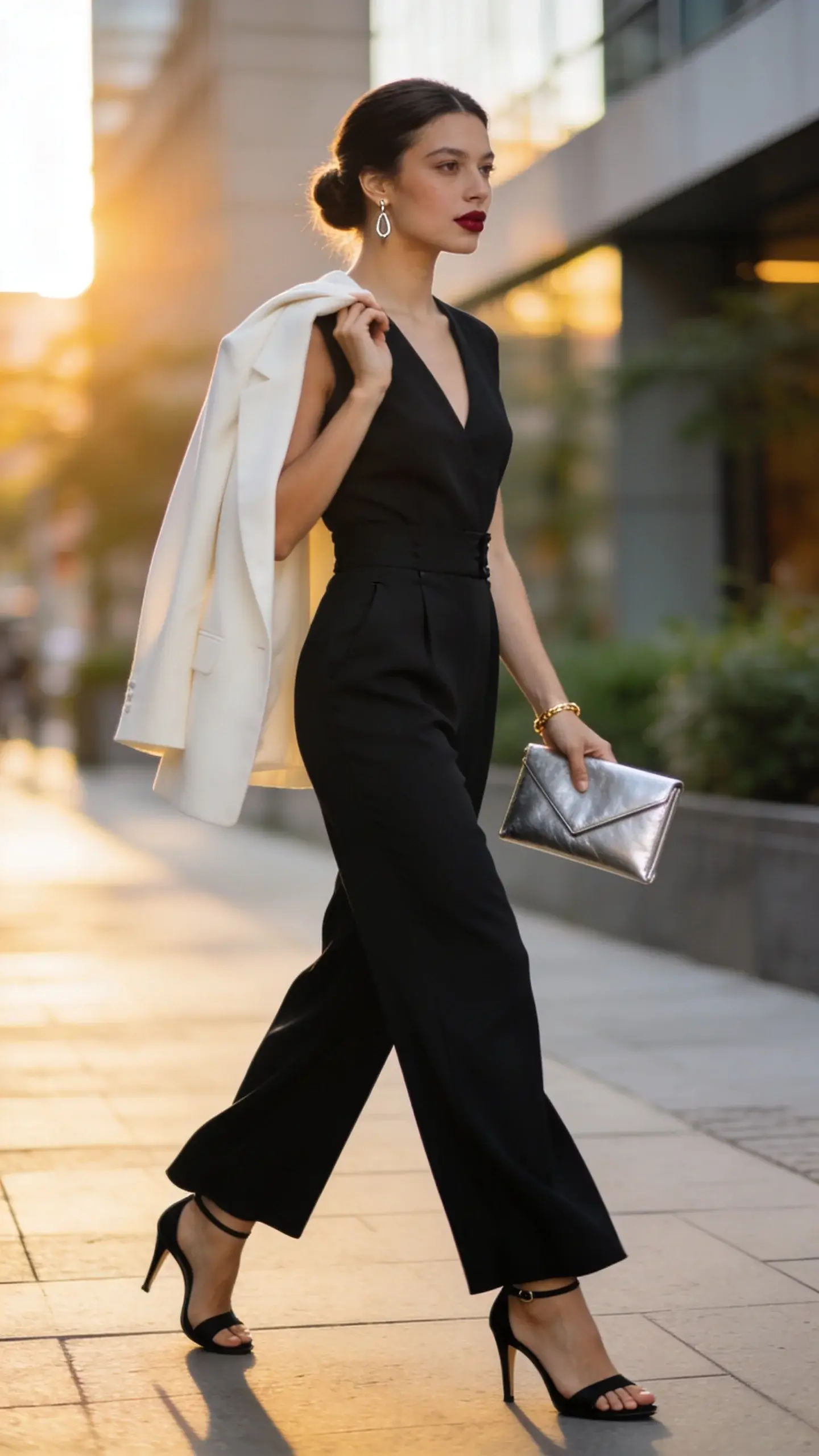 Full-body, realistic high-fashion street style photo of a woman in a statement tailored jumpsuit that does the most with the least, captured at golden hour on a clean city sidewalk with soft backlighting. She wears a sleek black crepe jumpsuit with a defined waist, slight V-neck, and straight-to-wide leg that skims the floor, perfectly hemmed to show heeled black ankle-strap sandals. The jumpsuit has subtle darts and structure for a sharp silhouette. She carries a metallic silver envelope clutch, wears minimalist drop earrings and a delicate gold bracelet. Optional layer: a light, draped ivory blazer casually over her shoulders. Hair is smooth and pulled into a low bun; makeup is polished with soft glow skin and a muted berry lip. Confident stride, one hand holding the clutch, the other brushing the blazer edge. Background softly blurred modern architecture and greenery; warm sunlight rim-lighting her outline for an elongating effect. High-resolution editorial photography, shallow depth of field, natural color grading, crisp textures, no text.