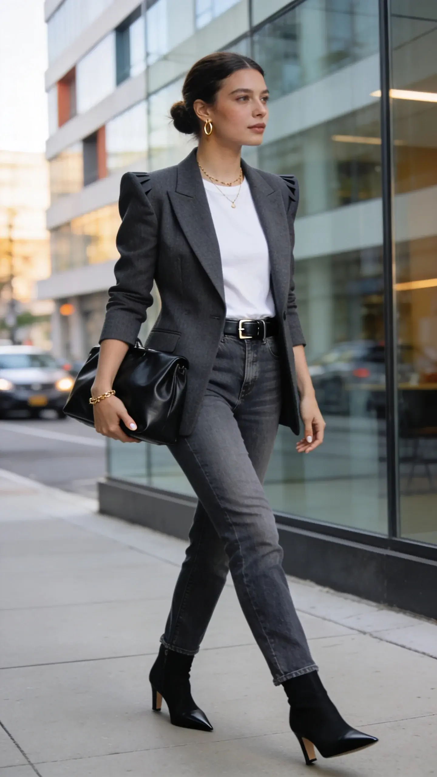 Realistic high-quality street-style fashion photo of a confident woman in a “power blazer + denim” look that feels polished yet casual. She’s mid-stride on a clean city sidewalk near a creative office building with soft morning light. Outfit: tailored single-breasted blazer in charcoal with sharp shoulders and a slightly nipped waist; clean medium-wash straight-leg jeans with a modern slim silhouette; crisp white crewneck tee tucked in; black pointed-toe ankle boots with a subtle heel; slim black leather belt with minimal brushed-metal hardware; structured black leather tote carried in the crook of her arm; delicate gold jewelry (thin hoop earrings, fine chain necklace, dainty bracelet). Styling: natural makeup with soft glow, neat low bun, minimal manicure. Mood: intentional, effortless, smart. Composition: three-quarter body, eye-level angle, shallow depth of field to blur background traffic and glass facade; soft directional light for dimension; true-to-life color, fine fabric texture detail (wool blazer weave, denim grain, leather sheen). No text, no logos.
