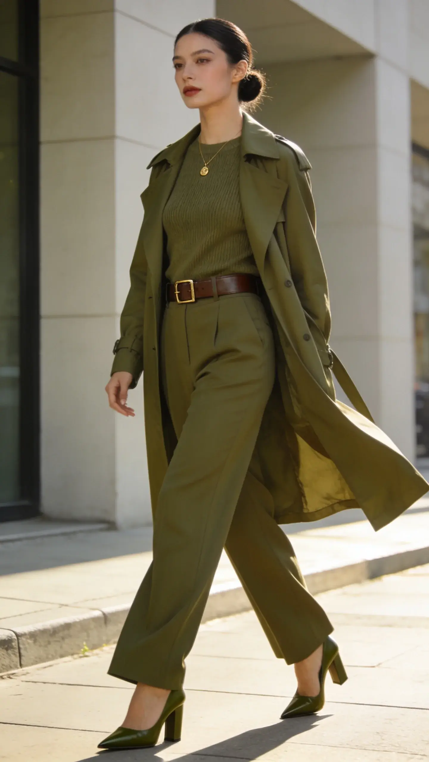 Full-body street-style photo of a tall, confident woman in a head-to-toe monochrome olive look, walking across a sunlit city sidewalk near minimalist architecture. She wears a fitted fine-gauge knit top tucked into high-waisted, tailored wide-leg trousers in a matching olive tone, topped with a tonal olive trench coat left open for fluid movement. Pointed-toe block-heel pumps in deep olive, a slim leather belt in a similar shade with a subtle matte buckle, and a minimal gold pendant necklace. Mixed textures add depth: smooth trench, soft knit, crisp suiting fabric, polished leather shoes and belt. Natural glam makeup, sleek low bun. Soft morning light, shallow depth of field, editorial fashion photography style, 50mm lens, high resolution, no text, realistic color grading emphasizing the monochrome palette and elongating silhouette.