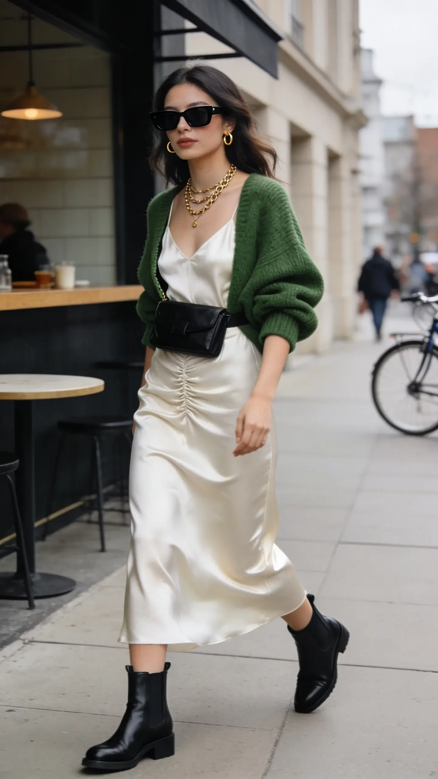 Ultra-realistic street-style photo of a “model off duty” look: a confident woman walking on a clean city sidewalk near a minimalist café, wearing a moss-green chunky oversized sweater half-tucked at the front into a slim, ivory satin midi slip dress with fluid movement. Footwear: sleek black leather Chelsea boots. Accessories: structured black crossbody bag worn high on the torso, layered gold chain necklaces, matte black rectangle sunglasses, small gold hoops. Hair: effortless loose waves, natural makeup with soft matte skin. Lighting: soft overcast daylight for even tones and gentle shadows. Styling details: subtly ruched slip at the waist where the sweater is tucked, sweater sleeves pushed to mid-forearm, dress hem grazing mid-calf, confident mid-step stride. Background: neutral-toned architecture, blurred pedestrians and a parked bicycle for urban authenticity. Shot on 50mm at f/2.8 for shallow depth of field; color palette of moss, cream, black, and gold accents; editorial yet wearable vibe, high-resolution, no text.