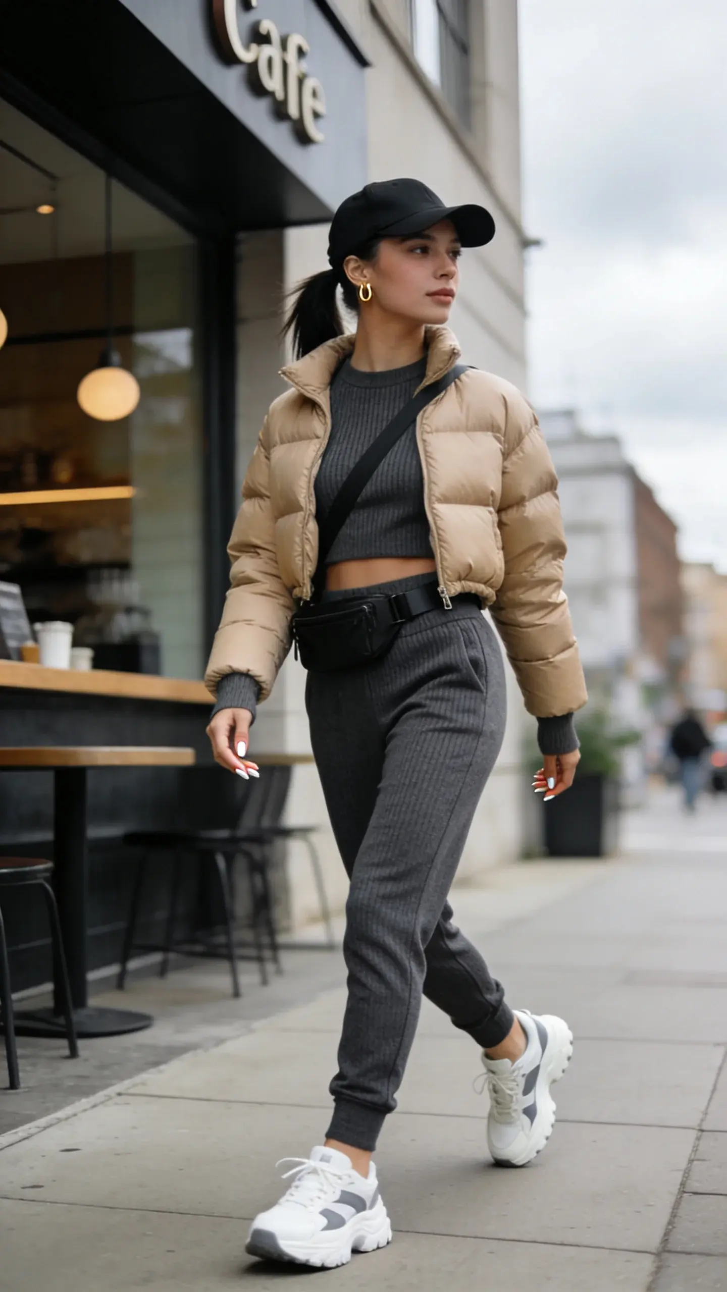 Ultra-realistic street-style photo of a sporty-chic woman running daytime errands in a coordinated athleisure set. She wears a ribbed knit matching set in charcoal (slim long-sleeve top and tapered joggers that skim the ankle), a cropped sand-colored puffer jacket, chunky white sneakers with subtle gray accents, a minimalist black belt bag worn crossbody, small gold huggie earrings, and a sleek black baseball cap. Neutral palette throughout (charcoal, sand, black, white). She’s mid-stride on a clean city sidewalk outside a contemporary café with soft natural light, shallow depth of field, and a slightly overcast sky for even, editorial lighting. Details: joggers hit right at the ankle with no pooling, clean lines, matte textures, polished nails, minimal makeup (fresh skin, brushed brows), effortless ponytail under cap. Photographic style: high-resolution fashion editorial, 50mm lens look, crisp focus on subject, gentle motion blur in background, no text.