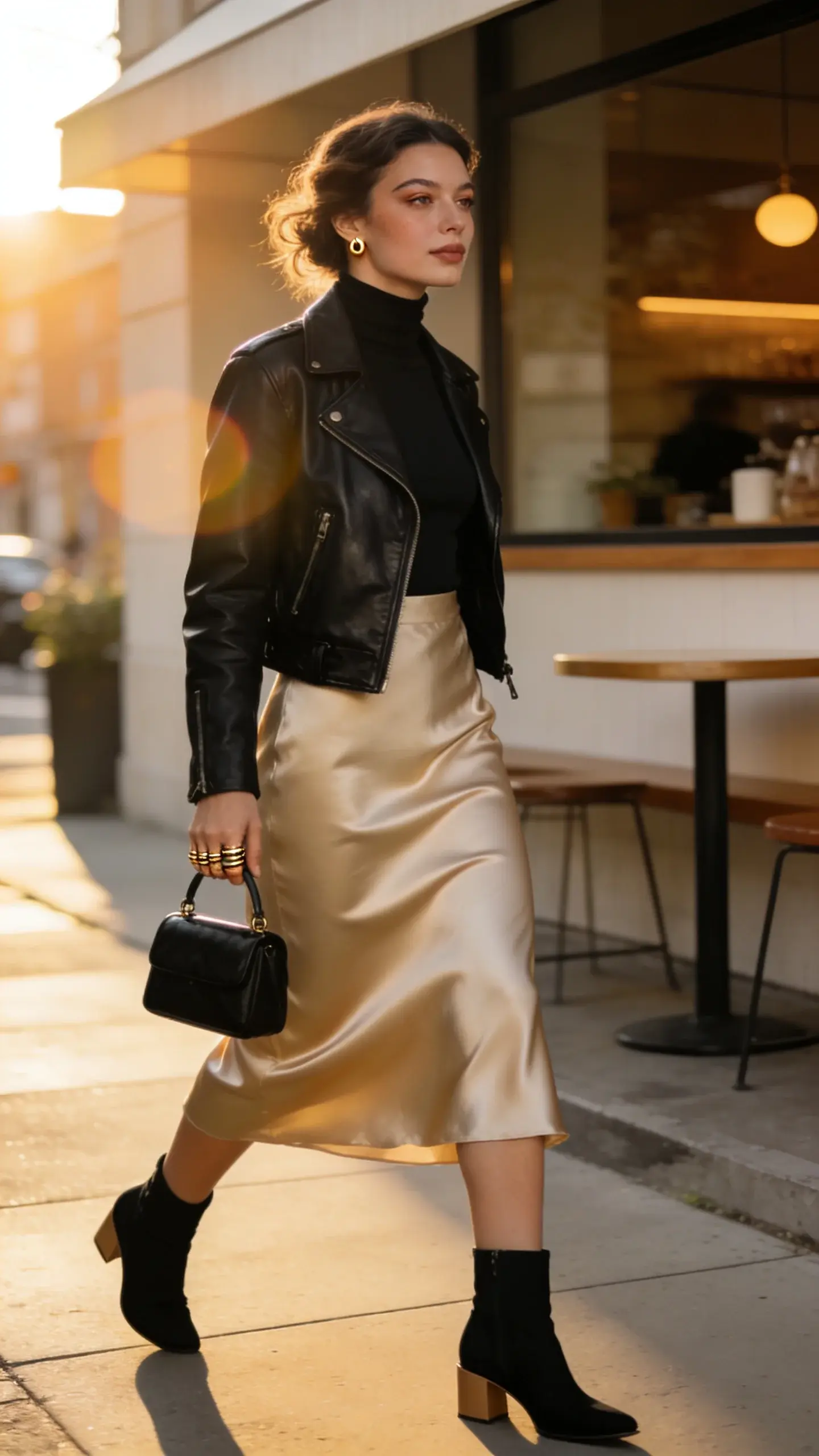 Street-style fashion photo of a woman in a leather jacket and slip skirt, early golden hour in a chic city neighborhood. She wears a classic black leather moto jacket slightly unzipped over a fitted black second-skin turtleneck, paired with a bias-cut satin midi slip skirt in champagne that hits mid-calf. On her feet: sleek black ankle boots with a low block heel. Accessories include a compact black top-handle bag, stacked gold rings, and minimal gold stud earrings. Hair is effortless waves tucked behind one ear, natural glowy makeup with a subtle winged liner. She’s mid-stride on a clean sidewalk near a minimalist café facade, soft sun flare catching the satin’s sheen and the jacket’s texture. Composition focuses on the cool-girl contrast—buttery leather grain vs liquid satin drape—shallow depth of field, crisp details, realistic skin texture, editorial street-style framing, 50mm lens look, high-resolution, no text.
