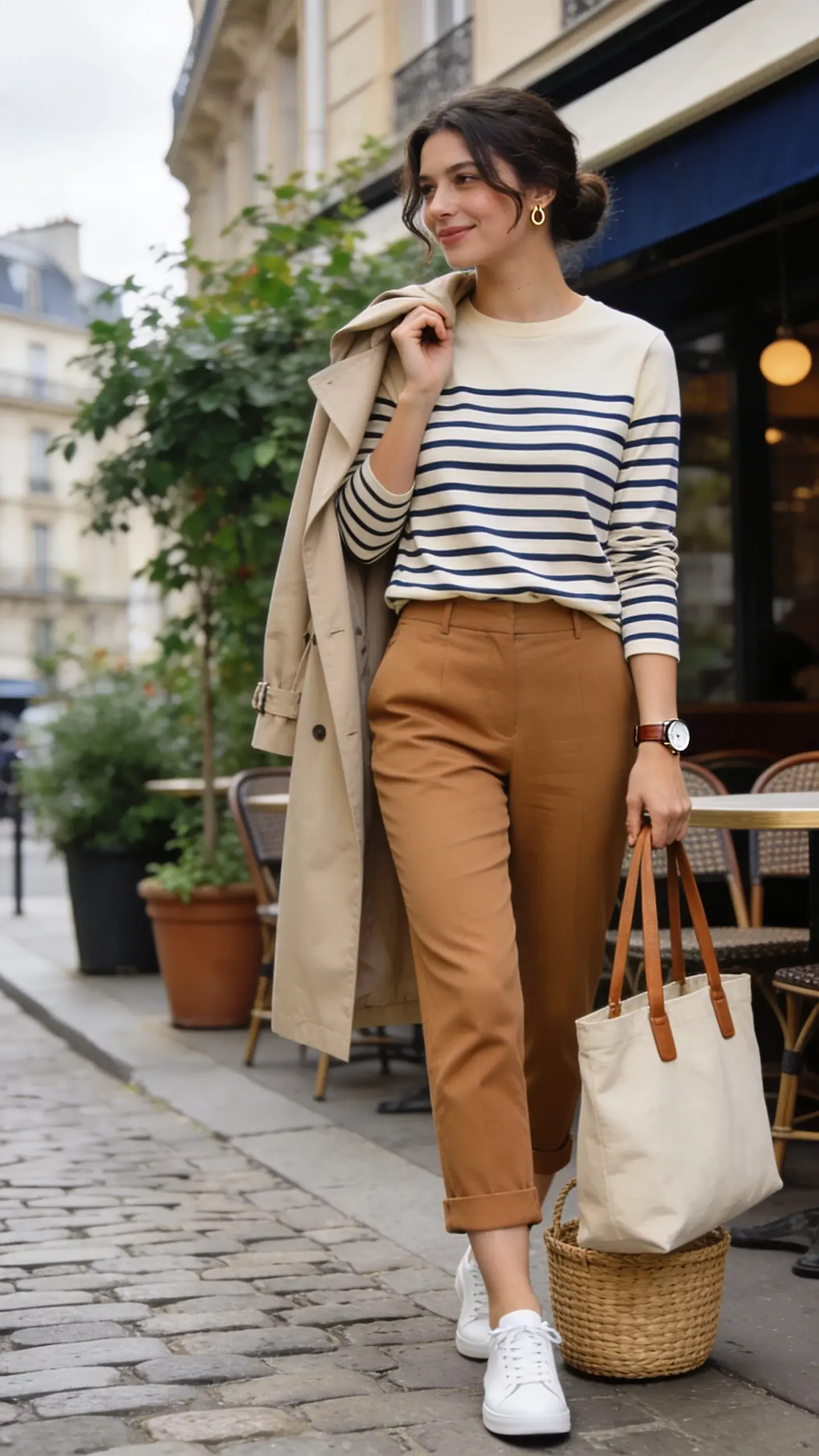 Realistic street-style photo of a chic Parisian-inspired weekend outfit: a woman in her late 20s standing on a cobblestone sidewalk outside a leafy café terrace in soft morning light. She wears a fitted Breton stripe long-sleeve tee (cream base with classic navy stripes) neatly half-tucked into ankle-skimming cropped straight-leg trousers in warm tan, the hem hitting just above the ankle bone. Footwear: pristine white leather sneakers with minimal detailing. Outer layer: lightweight beige trench coat draped over her shoulders. Accessories: small gold tiny hoop earrings, a slim leather-strap watch, and a natural canvas tote with leather handles carried in hand; optional woven basket bag resting at her feet. Hair: effortless low bun with soft face-framing pieces. Makeup: fresh and minimal. Pose: relaxed mid-step with a subtle smile, one hand adjusting the trench, the other holding the tote. Background details: muted Haussmann-style buildings, potted plants, café bistro chairs, shallow depth of field. Color palette: navy, cream, tan, and soft neutrals. Lighting: bright but diffused, slightly overcast for flattering skin tones. Shot on a 50mm lens at eye level for an editorial, high-resolution look; no text, no logos.