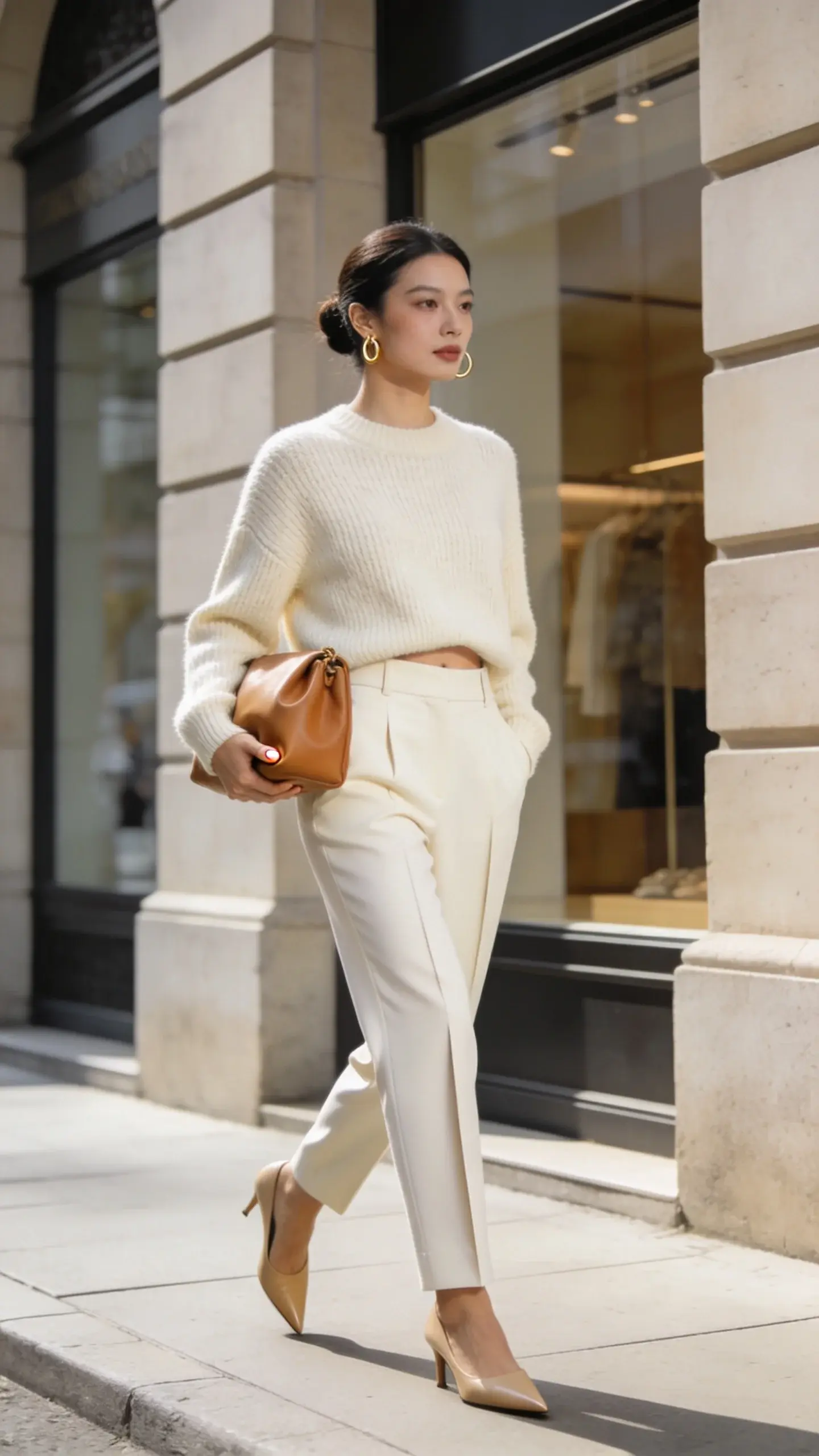Realistic high-fashion street-style photo of a woman in a head-to-toe monochrome cream outfit that looks designer but isn’t, exuding quiet luxury. She wears a softly textured cream knit sweater half-tucked to reveal the waistband of high-waisted cream tailored trousers with a sharp crease. On her feet: beige pointed-toe low heels. She carries a structured tan handbag in the crook of her arm, and wears small polished gold hoop earrings. Subtle texture play: cashmere-like knit, smooth wool suiting, buttery leather bag, and matte leather shoes, all within a cohesive cream/ivory/camel palette. Natural makeup, glossy low bun, minimal manicure. Pose mid-stride on a clean, sunlit city sidewalk near an upscale boutique with neutral stone facade and soft morning light; shallow depth of field, crisp details, editorial composition. Photographed at eye level on a full-frame camera, 50mm lens, realistic color grading, no text.