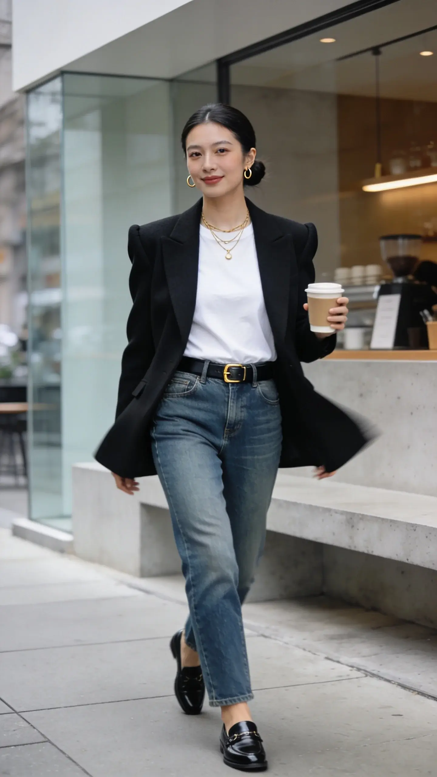Realistic high-fashion street style photo of a confident woman in a sharp black blazer and white crewneck tee, styled with straight-leg medium-wash jeans, black leather loafers, and a slim black leather belt with a subtle gold buckle. She wears delicate layered gold necklaces and small hoop earrings. The blazer has crisp shoulders and a slightly nipped waist, giving a structured silhouette; the tee is neatly tucked. She’s mid-stride on a modern city sidewalk outside a minimalist coffee shop with glass and concrete, soft overcast daylight creating even, flattering light. Natural makeup, effortless hair in a low, sleek bun. Hands casually at her sides, one holding a to-go coffee cup; confident posture, slight smile, direct yet relaxed gaze. Color palette: black, white, denim blue, soft neutrals. Emphasis on texture: smooth wool blazer, soft cotton tee, sturdy denim, polished leather loafers. Shallow depth of field with gentle bokeh, 50mm lens look, high-resolution editorial quality, subtle motion in the blazer hem for energy, no text.