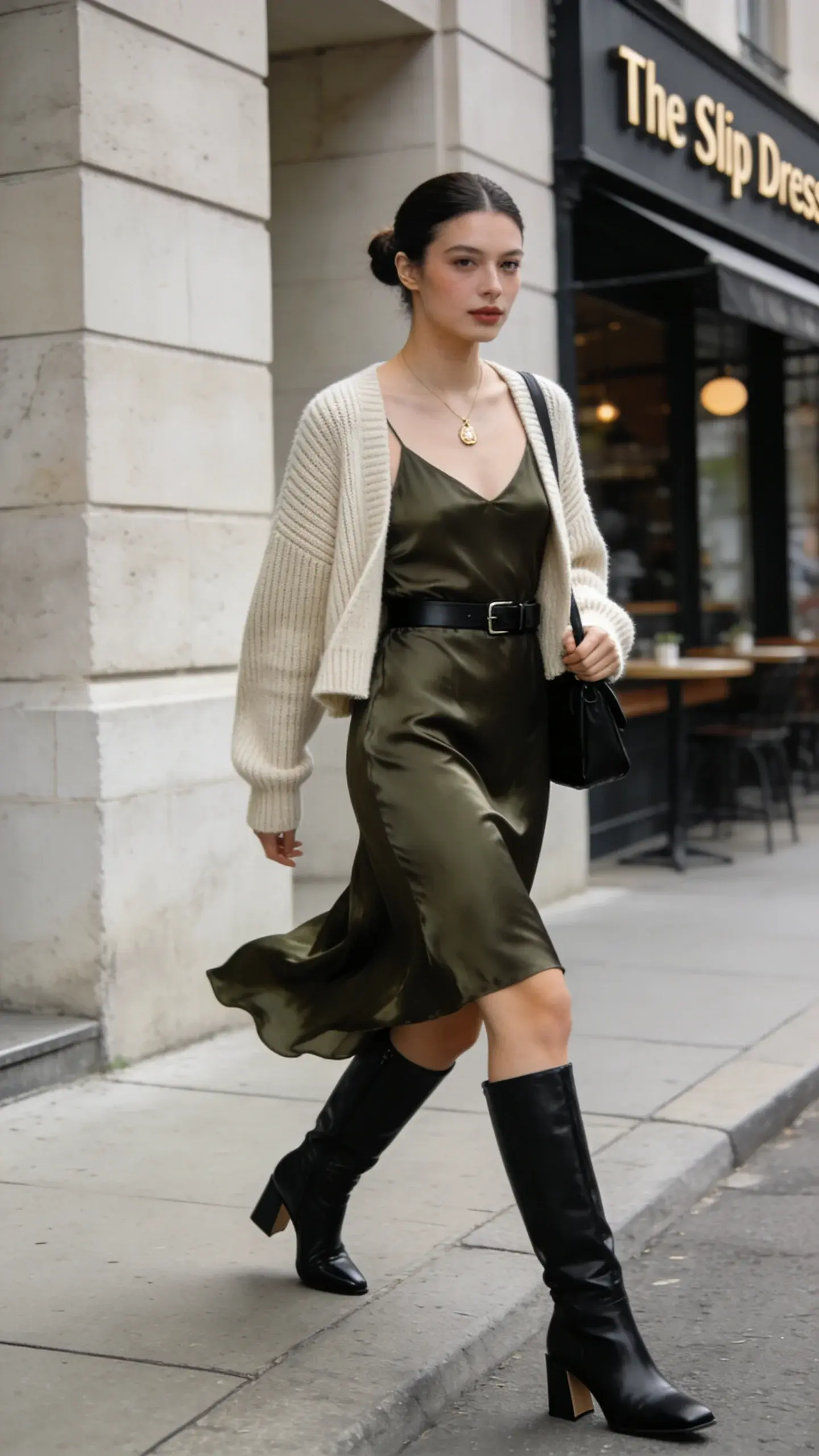 High-fashion street-style photo of a woman wearing “The Slip Dress Sandwich” look: a midi silk slip dress in deep olive with a subtle sheen, topped with a cropped chunky oatmeal cardigan worn open, and grounded by sleek black knee-high leather boots with a modest block heel. She’s defined at the waist with a slim black belt, a delicate gold pendant necklace rests at her collarbone, and she carries a small black shoulder bag under her arm. The setting is a softly overcast city sidewalk near a minimalist stone building and cafe frontage, giving muted, elegant tones. Her hair is a low, polished bun; makeup is natural and luminous. The cardigan’s ribbed texture and the boots’ structured leather contrast with the dress’s fluid drape. She’s mid-step, looking slightly off-camera, capturing movement of the dress hem. Shallow depth of field, natural diffused lighting, realistic skin texture, editorial-quality color grading, 50mm lens look, high resolution, no text.