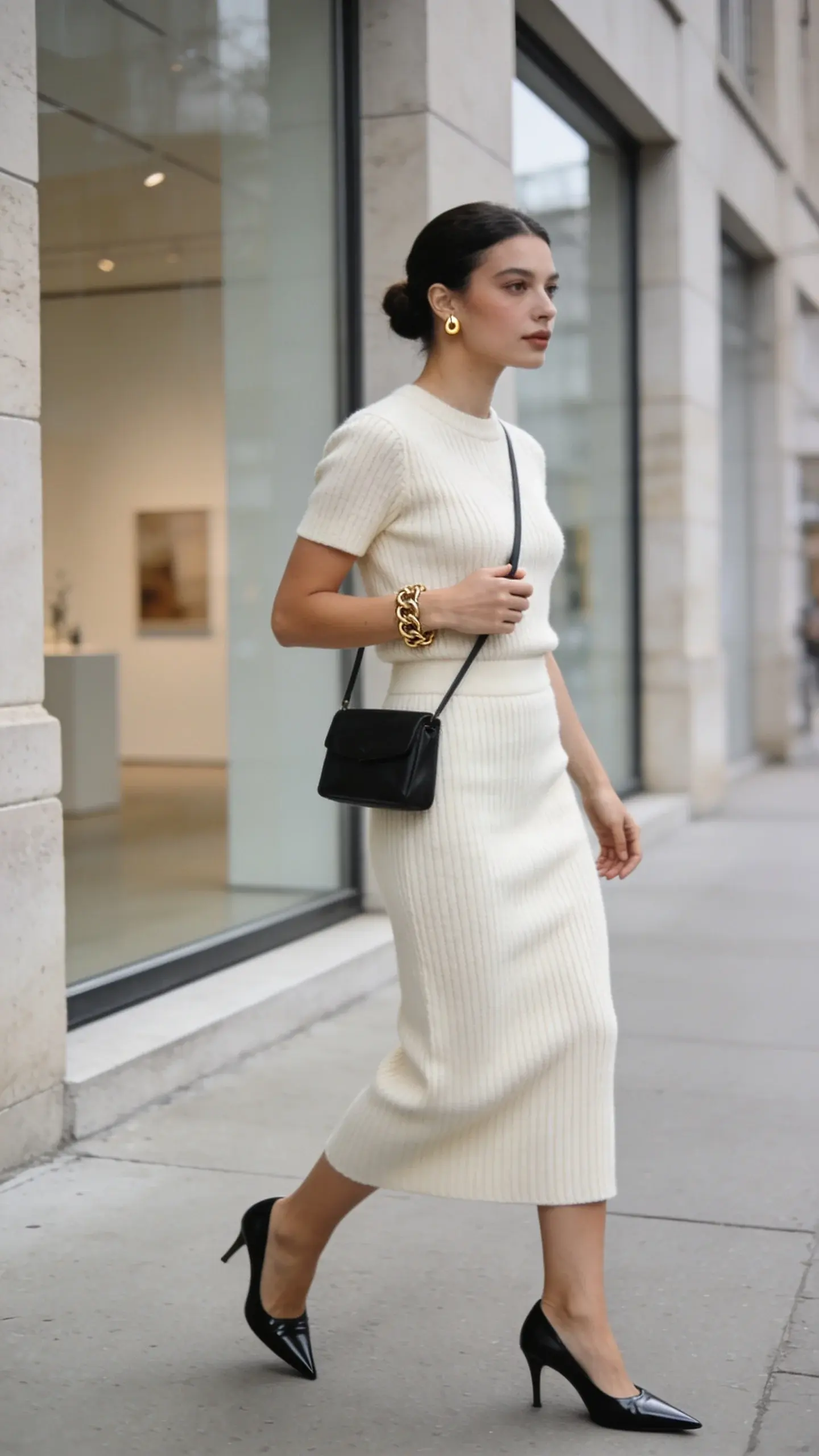 Realistic high-fashion street style photo of a woman wearing a coordinated ribbed knit set that doubles as loungewear and luxe-wear: a mid-weight, cream ribbed knit midi skirt that skims the body and a matching fitted short-sleeve knit top, styled with black pointed leather slingback heels. She carries a small black mini crossbody bag with a thin strap, and accessorizes with a chunky gold chain bracelet and simple gold stud earrings. Natural makeup, soft low bun. Scene: airy minimalist city sidewalk outside a gallery with floor-to-ceiling windows and neutral stone facade; soft overcast daylight for even, flattering light. Pose: mid-stride, one hand grazing the bag strap, the other relaxed; confident, effortless expression. Wardrobe textures clearly visible (ribbing, smooth leather, polished metal). Depth of field: shallow, subject crisp, background softly blurred. High-resolution, editorial fashion photography, 50mm lens look, no text.