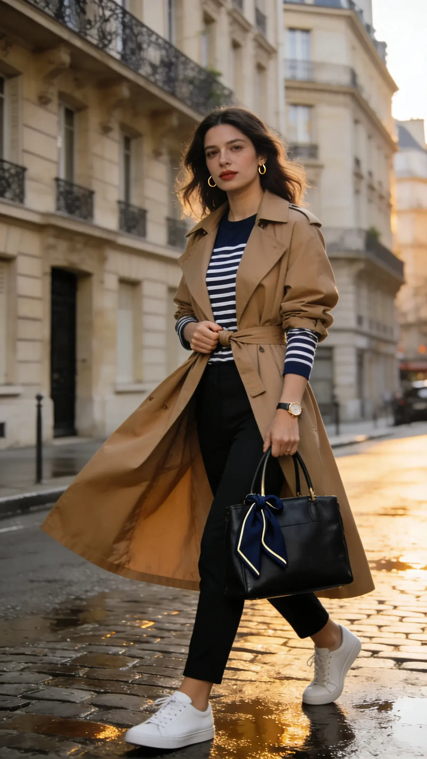 Street-style photograph of a chic woman in a camel trench coat styled two ways: worn open with the belt tied neatly at the back to create a fluid A-line, revealing a navy-and-white Breton striped long-sleeve tee tucked into slim black trousers. She wears pristine white leather sneakers, carries a structured black leather tote with a small silk scarf (navy with cream piping) tied to one handle, and minimal gold jewelry (small hoops, slim watch). Optional second frame feel: she pauses mid-stride, lightly gripping the trench belt as if ready to cinch it for a defined waist. Natural, softly blown hair, fresh makeup with a muted lip. Urban Parisian backdrop at golden hour: pale stone building facades, wrought-iron balconies, and a wet cobblestone street reflecting warm light. Shallow depth of field, full-body, eye-level perspective, realistic color grading, high-resolution editorial fashion photography. No text.