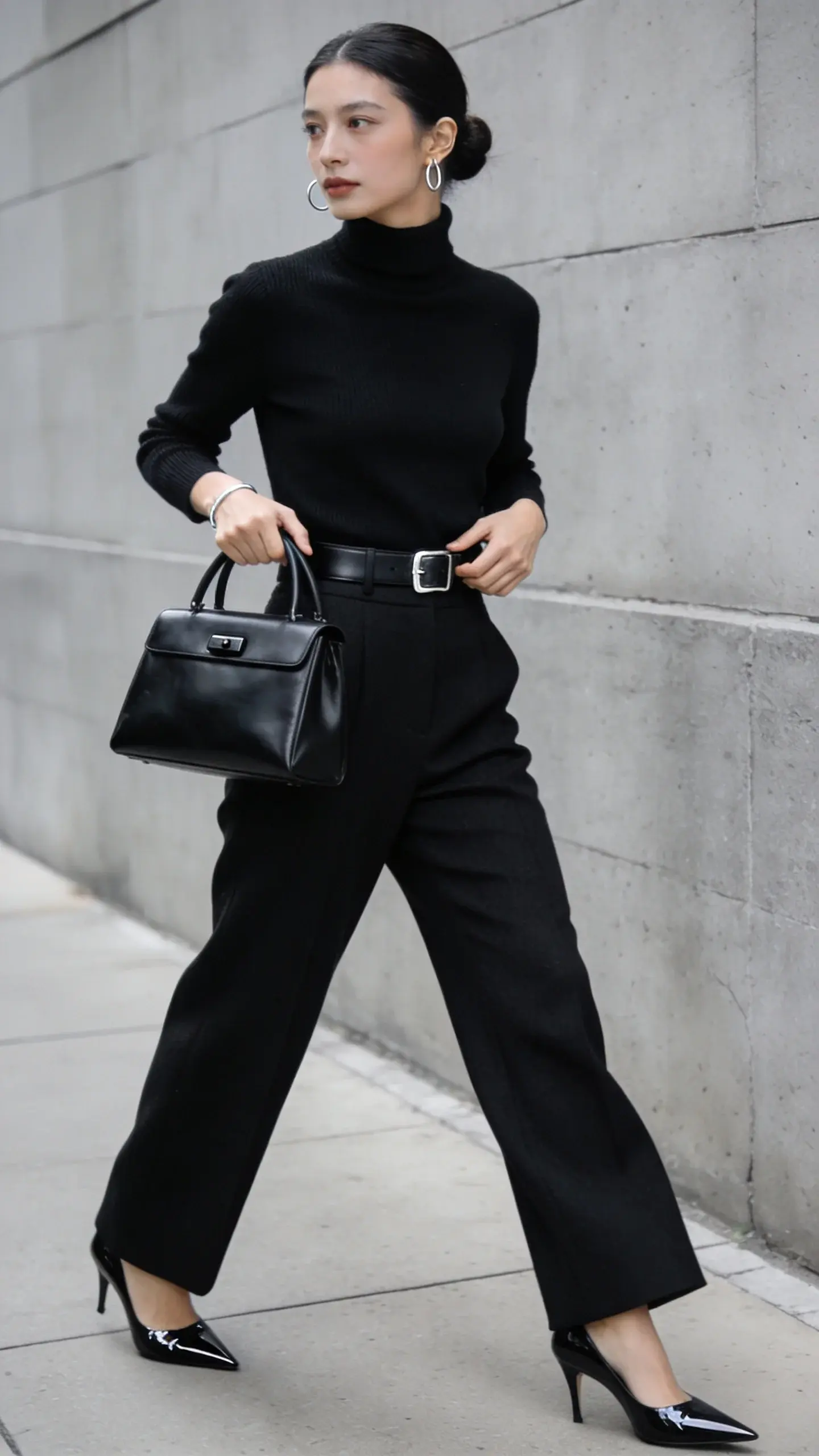 High-fashion street-style photo of a confident woman in an all-black, texture-rich outfit, walking along a minimalist city sidewalk near a slate-gray concrete wall in soft overcast daylight. She wears a fitted black cashmere turtleneck tucked cleanly into high-waisted, black tailored wide-leg wool trousers. A sleek black leather belt with a subtle silver buckle defines her waist. On her feet: glossy black patent pointed-toe heels. She carries a structured black leather top-handle bag with minimal hardware. Jewelry is minimalist and metallic—thin silver hoop earrings and a delicate silver bracelet. Textures are the star: matte knit top, slightly structured suiting trousers, gleaming patent shoes, smooth leather belt and bag. Hair is pulled into a low, polished bun; makeup is natural with a soft matte finish. The pose is mid-stride, one hand grazing the bag handle, the other subtly adjusting the belt, eyes forward with an effortless expression. Background is uncluttered to emphasize the monochrome look; shallow depth of field, crisp detail on fabrics, natural color grading, editorial quality, 50mm lens, high-resolution, realistic lighting, no text.