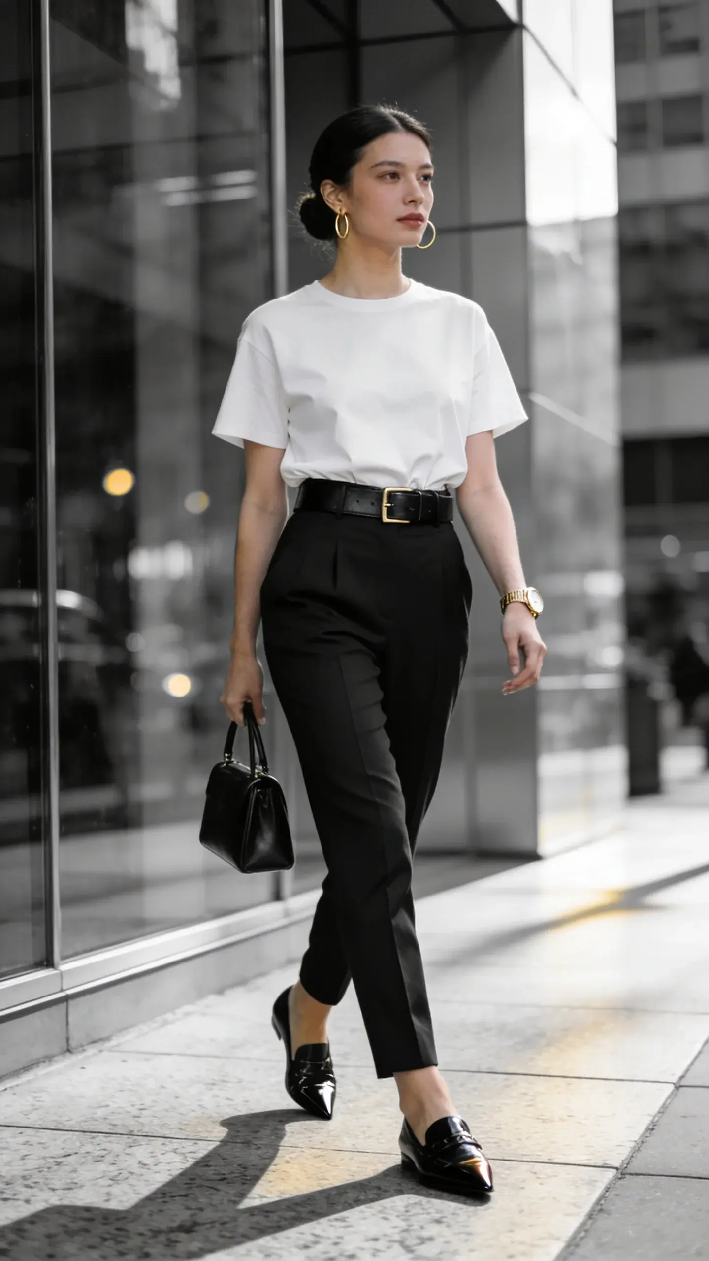 Realistic, high-resolution street-style photo of a chic professional woman in a bright, modern city setting (soft morning light, subtle bokeh). She wears a crisp, boxy white crewneck tee French-tucked into high-waisted, sharply tailored black trousers with a clean front crease. A structured black leather belt with a minimal metal buckle defines the waist. On her feet: black pointed-toe loafers (sleek leather, subtle shine). Accessories are refined and minimal: thin gold hoop earrings, a classic slim gold watch, and a small black top-handle leather bag held at her side. Hair is neat (low bun or smooth blowout), makeup natural and polished. The posture is confident, mid-stride on a granite sidewalk near glass-and-steel office buildings; soft reflections and long shadows emphasize structure. Color palette: monochrome black and white with warm gold accents. Emphasis on crisp tailoring, clean lines, and expert styling; shallow depth of field, natural light, editorial fashion photography, 50mm lens, ISO 100, f/2.8. No text.