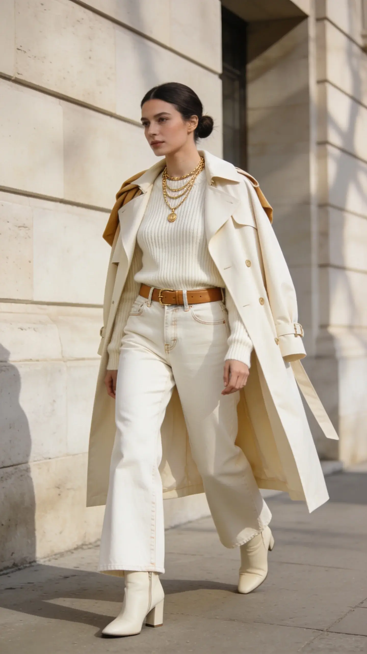 Full-body, street-style fashion photo of a chic woman wearing a head-to-toe cream monochrome outfit that looks stylist-curated: a cream ribbed knit sweater tucked into high-waisted cream wide-leg jeans, slim tan leather belt, cream or tan sleek ankle boots, gold layered necklaces, and a structured longline trench coat in a matching cream tone draped over her shoulders. Emphasize mixed textures—ribbed knit, sturdy denim, smooth leather belt, soft wool trench—to add depth within one color family. Natural daylight on a clean urban backdrop (light stone facade and soft shadows), shallow depth of field, candid walking pose with confident stride, hands relaxed, minimal makeup, neat hair in a low bun. Color palette stays within cream, ivory, and tan accents, with subtle gold jewelry highlights. High-resolution, editorial-quality photograph, soft diffused lighting, balanced composition, no text.