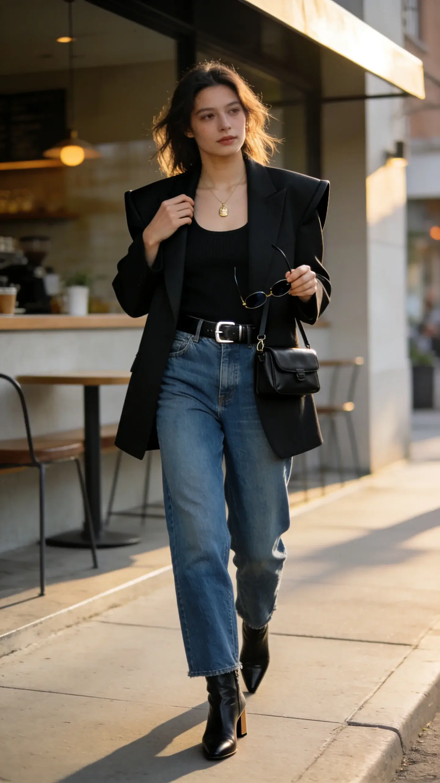 Realistic street-style photo of a chic woman in a “blazer over jeans” uniform, captured in soft late-afternoon light on a clean city sidewalk outside a minimalist café. She wears relaxed, straight-leg mid-blue jeans with a clean, non-distressed wash, a black oversized blazer with sharp shoulders, and a slim black knit tank tucked in. A smooth black leather belt with a small brushed-silver buckle, delicate gold pendant necklace, and a structured black mini shoulder bag with a short strap rest at her hip. On her feet: black leather sleek ankle boots with a subtle block heel. Hair is effortless and slightly tousled, makeup fresh and natural. She’s mid-step, one hand casually adjusting the blazer lapel, the other holding sunglasses. Color palette: charcoal, black, mid-blue denim, warm skin tones, muted café neutrals. Shallow depth of field, crisp details in fabric textures and hardware, natural shadows, editorial fashion photography, 50mm lens look, no logos, no text.