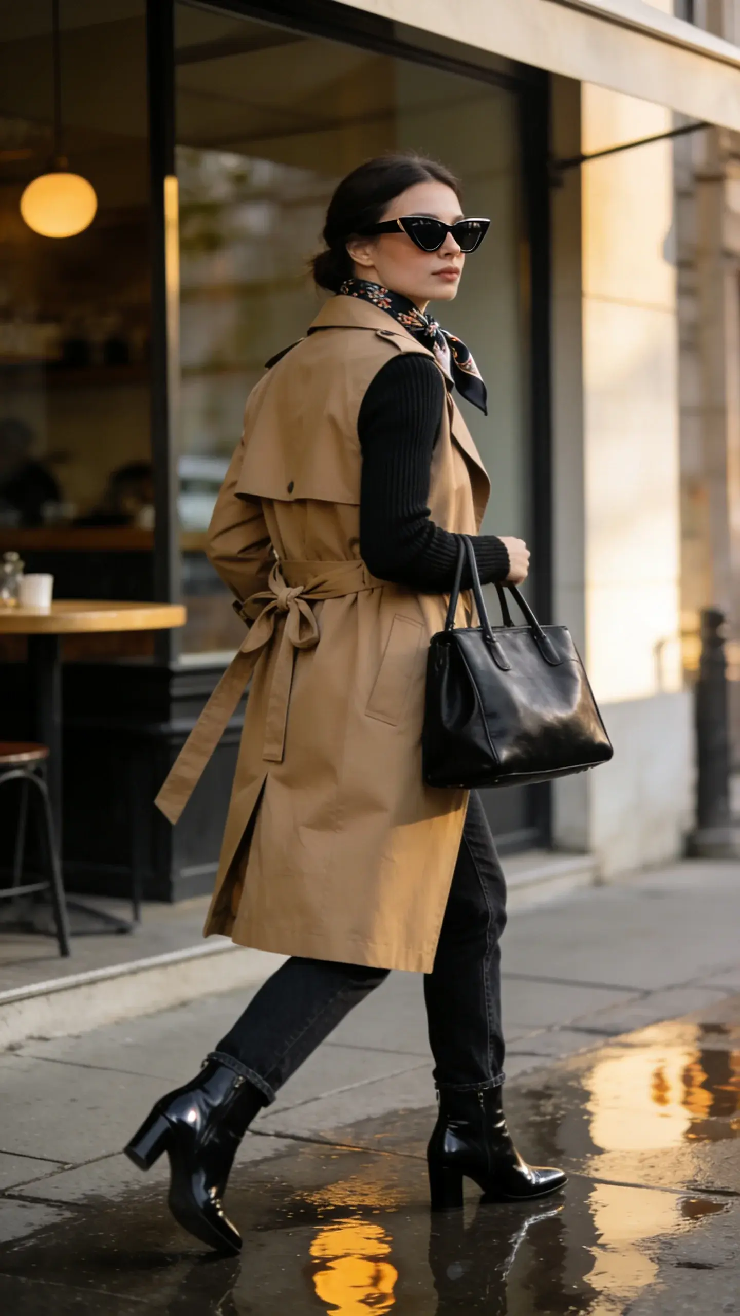 Realistic street-style fashion photo of a chic woman wearing a classic camel trench coat belted and tied in the back, layered over a black fitted ribbed-knit long-sleeve, paired with dark straight-leg jeans and sleek black leather ankle boots. She carries a structured black leather tote and wears sharp, angular sunglasses; a silk scarf with a subtle pattern is softly tucked at the neck. Golden-hour city sidewalk setting outside a minimalist café with soft reflections on wet pavement, shallow depth of field, candid mid-stride motion, natural light, neutral color palette (camel, black, dark denim), crisp textures (gabardine trench, ribbed knit, polished leather), filmic contrast, 50mm lens look, high-resolution, editorial street-style photography. No text.