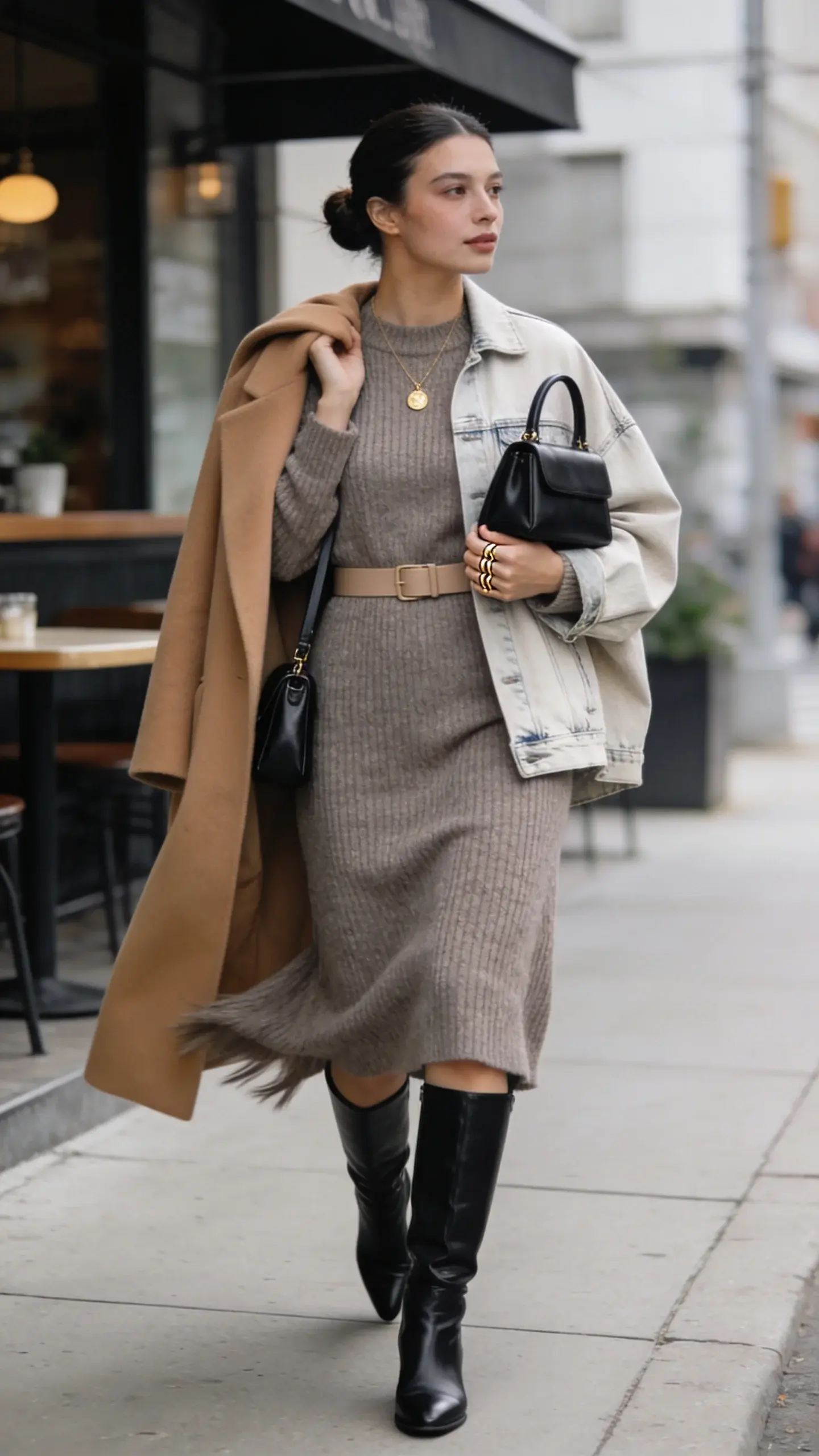 Realistic street-style photo of a woman wearing a mid-calf sweater dress that doubles as a shortcut to looking polished: a slightly relaxed, ribbed, heathered taupe midi sweater dress that skims her shape (no cling, no tent), styled with sleek black knee-high leather boots and a slim matching taupe belt for subtle waist definition. She layers a longline camel wool coat draped over her shoulders (optional second frame: swap to a light-wash oversized denim jacket for milder weather). Accessories include a minimal gold pendant necklace, thin stacked gold rings, and a structured black top-handle bag worn in the crook of her arm (alternate view: black leather crossbody). Setting: clean urban sidewalk near a café, soft overcast daylight, shallow depth of field, natural color palette, slight breeze moving the coat hem. Composition: 3/4 body shot at eye level, candid walking moment, confident relaxed posture, polished hair in a low bun, fresh natural makeup. Photorealistic, high-resolution, fine knit texture visible, crisp leather sheen on boots, subtle filmic contrast, editorial fashion photography.