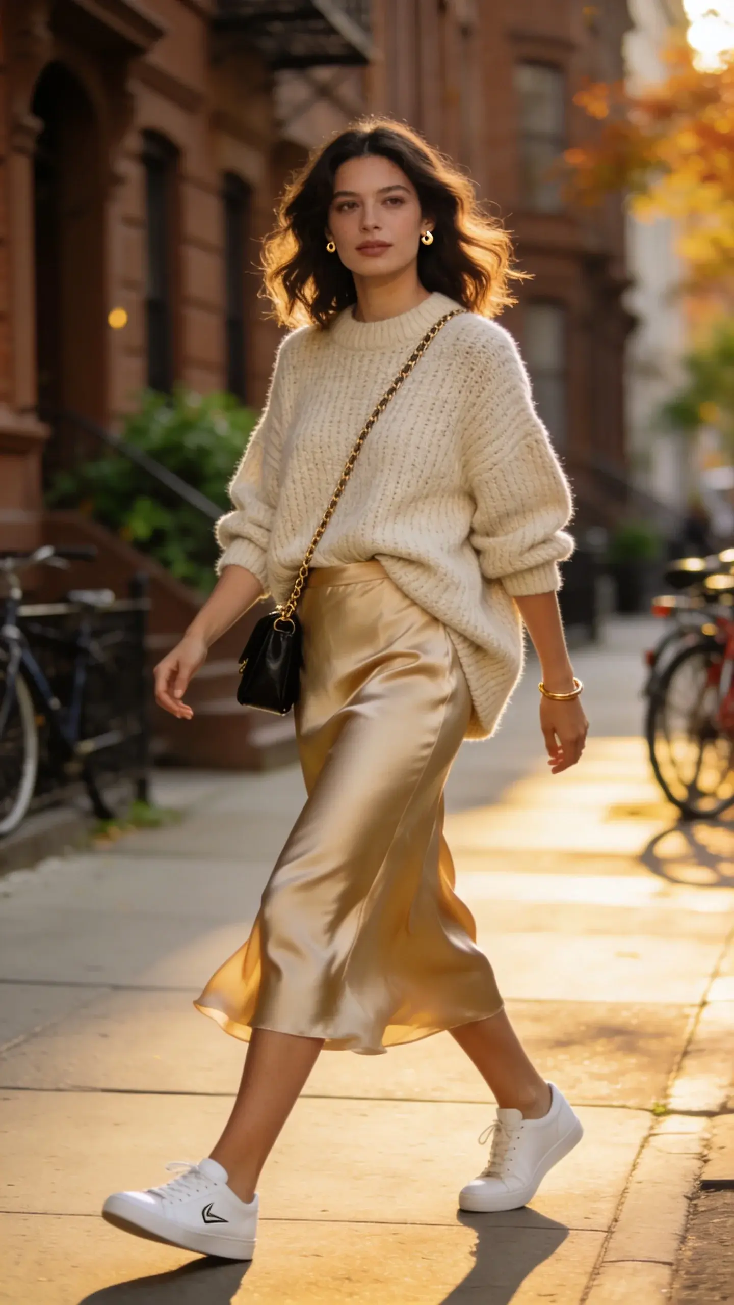 Realistic street-style photo of a woman wearing the “slip skirt + chunky sweater” combo: a bias-cut midi slip skirt in matte champagne silk paired with a slightly oversized chunky oatmeal fisherman-knit sweater. The sweater hits at hip length with a casual front-corner tuck to define the waist. Footwear: sleek white low-profile leather sneakers with minimal logo. Accessories: small black leather crossbody bag with a gold chain strap worn across the body, tiny gold stud earrings, and a thin gold cuff bracelet. The woman has soft, natural makeup and loosely waved shoulder-length hair. She stands mid-stride on a sunlit city sidewalk in early fall, golden hour light creating a gentle glow and soft shadows; background features blurred brownstone facades, subtle greenery, and a few parked bikes for urban authenticity. Fabric movement on the skirt shows a floaty drape; textures of the chunky knit are clearly detailed; realistic color rendition and shallow depth of field; full-body framing, candid fashion-photography style, high-resolution, no text.
