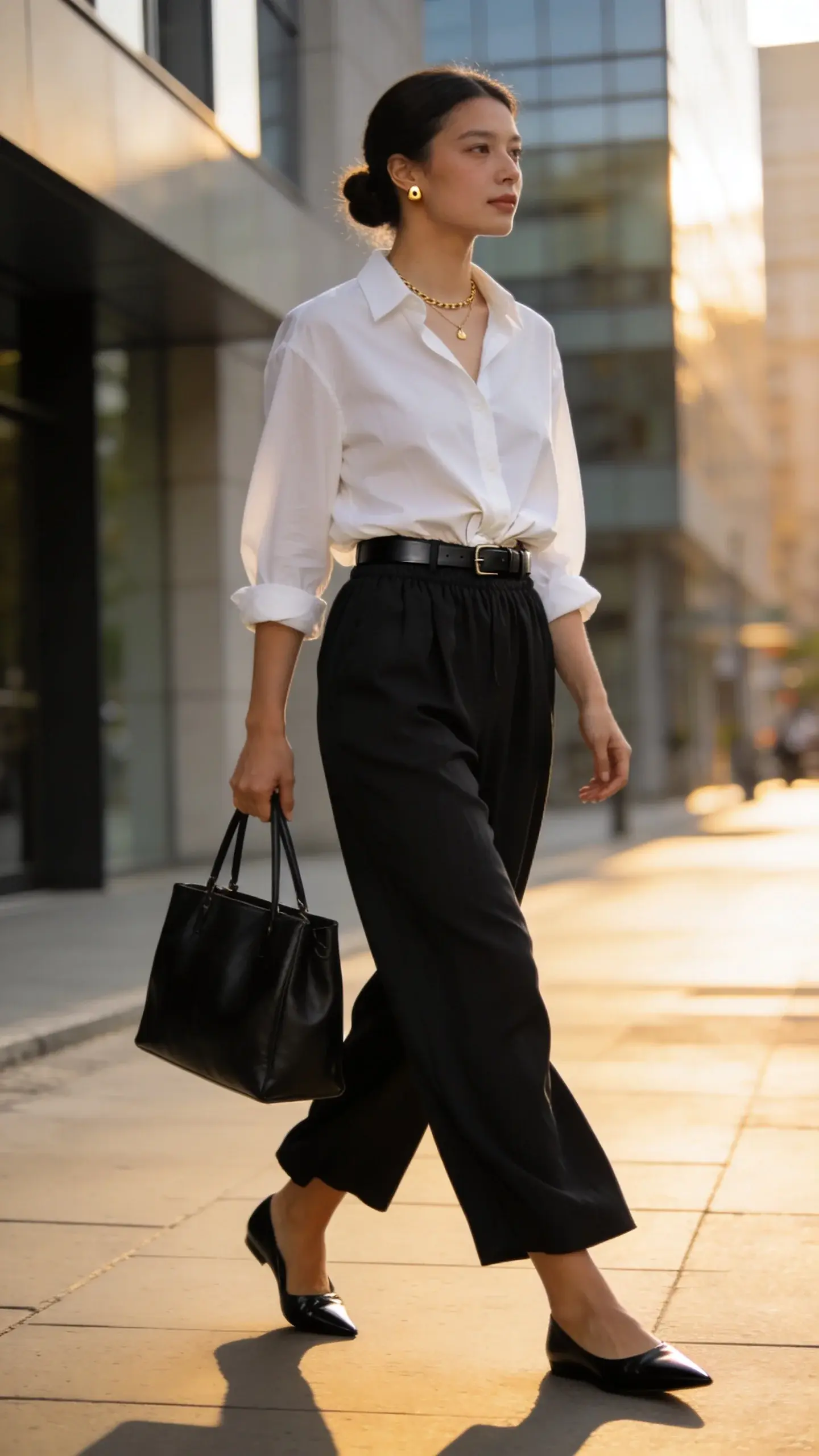 Realistic full-body street-style photo of a confident woman in a polished yet comfy work outfit, walking on a sunlit city sidewalk near modern office buildings. She wears elastic-waist, full-length wide-leg pull-on trousers in a drapey black fabric that skim the tops of her shoes, paired with a relaxed, crisp white button-down shirt in a French tuck to reveal the soft, elastic waistband and subtly elongate her legs. Footwear: black pointed-toe leather flats. Accessories: a minimal slim black leather belt threaded through belt loops (visible at the tuck), a structured medium-size black leather tote carried in one hand, a delicate thin gold chain necklace, and small gold stud earrings. Hair is neat in a low bun; natural makeup. Lighting is soft and flattering, late-afternoon golden hour. Background slightly blurred for subject emphasis; realistic textures in fabric drape and shirt crispness; no logos, no text, color palette of white, black, and warm neutrals; high-resolution fashion photography, candid editorial vibe.