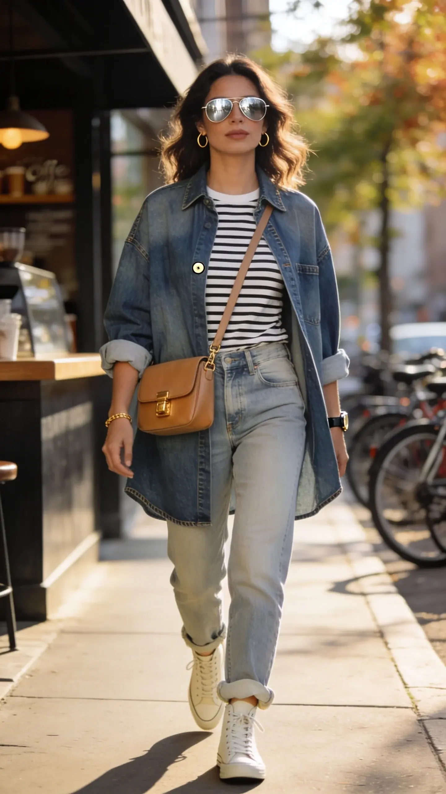 Realistic high-fashion street-style photo of a woman in a chic Canadian tuxedo weekend uniform, walking on a sunlit city sidewalk near a coffee shop. She wears relaxed straight-leg light-wash jeans with a gentle break over off-white high-top canvas sneakers, paired with an oversized mid-wash denim shirt worn as a shacket. The shirt is buttoned just two buttons at the center, the rest left open for an easy drape, revealing a slim black-and-white Breton striped fitted tee underneath. Sleeves are casually cuffed to mid-forearm, showing a simple gold bracelet and a watch. She carries a tan leather crossbody with a minimal flap and brushed-gold hardware, worn across the body. Classic silver aviator sunglasses, subtle gold hoops, and natural makeup with soft waves complete the look. Mix of textures and washes is clearly visible; denim grain and stitching details are crisp. Background features soft bokeh of parked bikes, leafy trees, and warm late-afternoon light. Editorial, high-resolution 50mm lens look, shallow depth of field, natural color grading, no text.