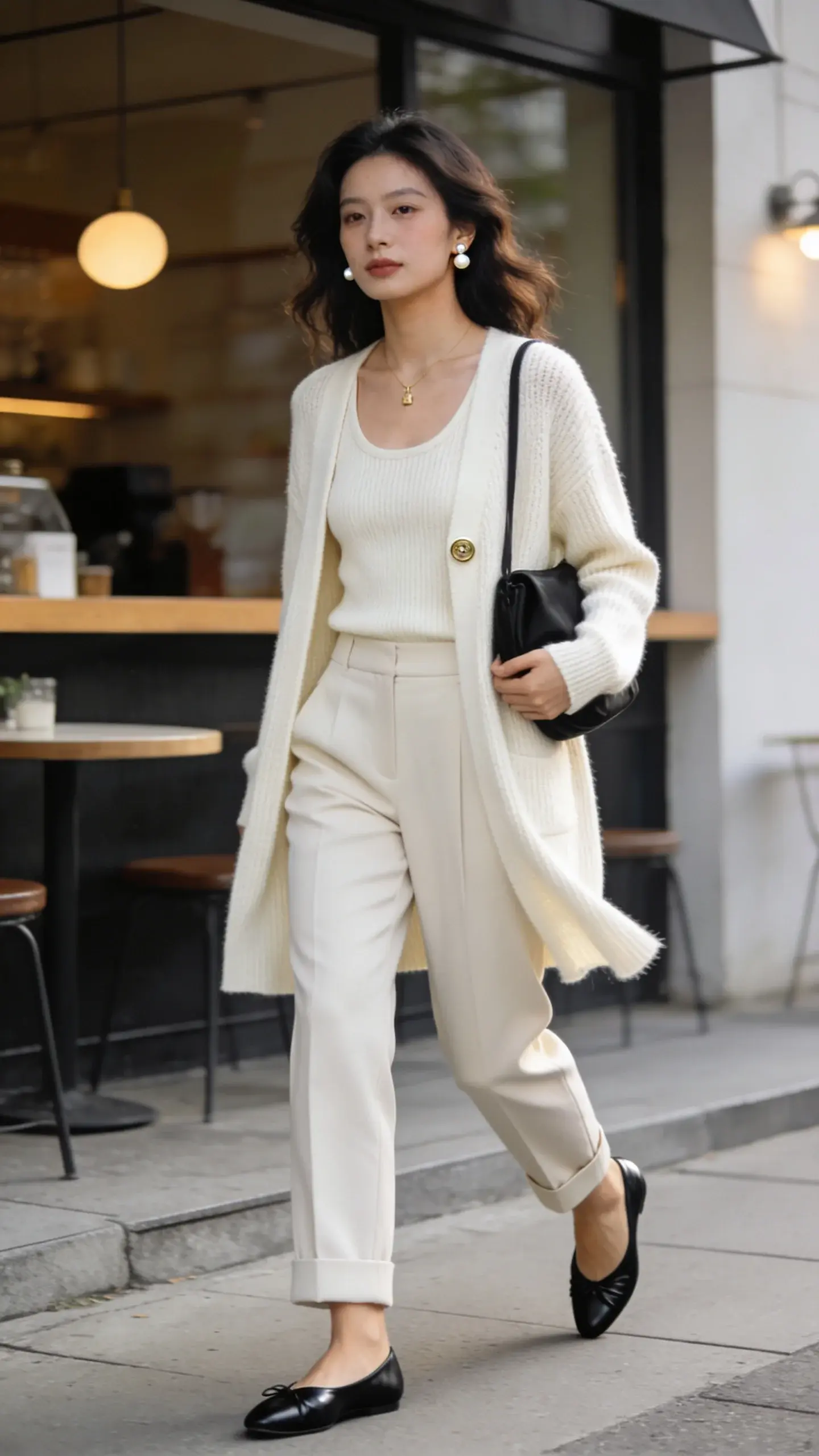 Realistic street-style photo of a woman wearing a matching fine-knit cardigan set that works for work, weekends, everything: a hip-length, cream knit cardigan with only the middle button fastened over a coordinating sleeveless knit tank, paired with soft barrel-leg trousers in olive. She finishes the look with black leather ballet flats, a small black shoulder bag tucked under her arm, delicate pearl stud earrings, and a thin gold pendant necklace. Natural makeup with a fresh complexion and soft waves in her hair. She’s mid-stride on a city sidewalk outside a minimalist café with warm morning light, subtle motion in the cardigan hem, and shallow depth of field. Emphasize tactile knit texture, clean tailoring of the trousers, and a polished yet low-effort vibe. Full-body composition, eye-level angle, realistic color grading, editorial fashion photography, 50mm lens, soft diffused light, ultra-detailed, no text.