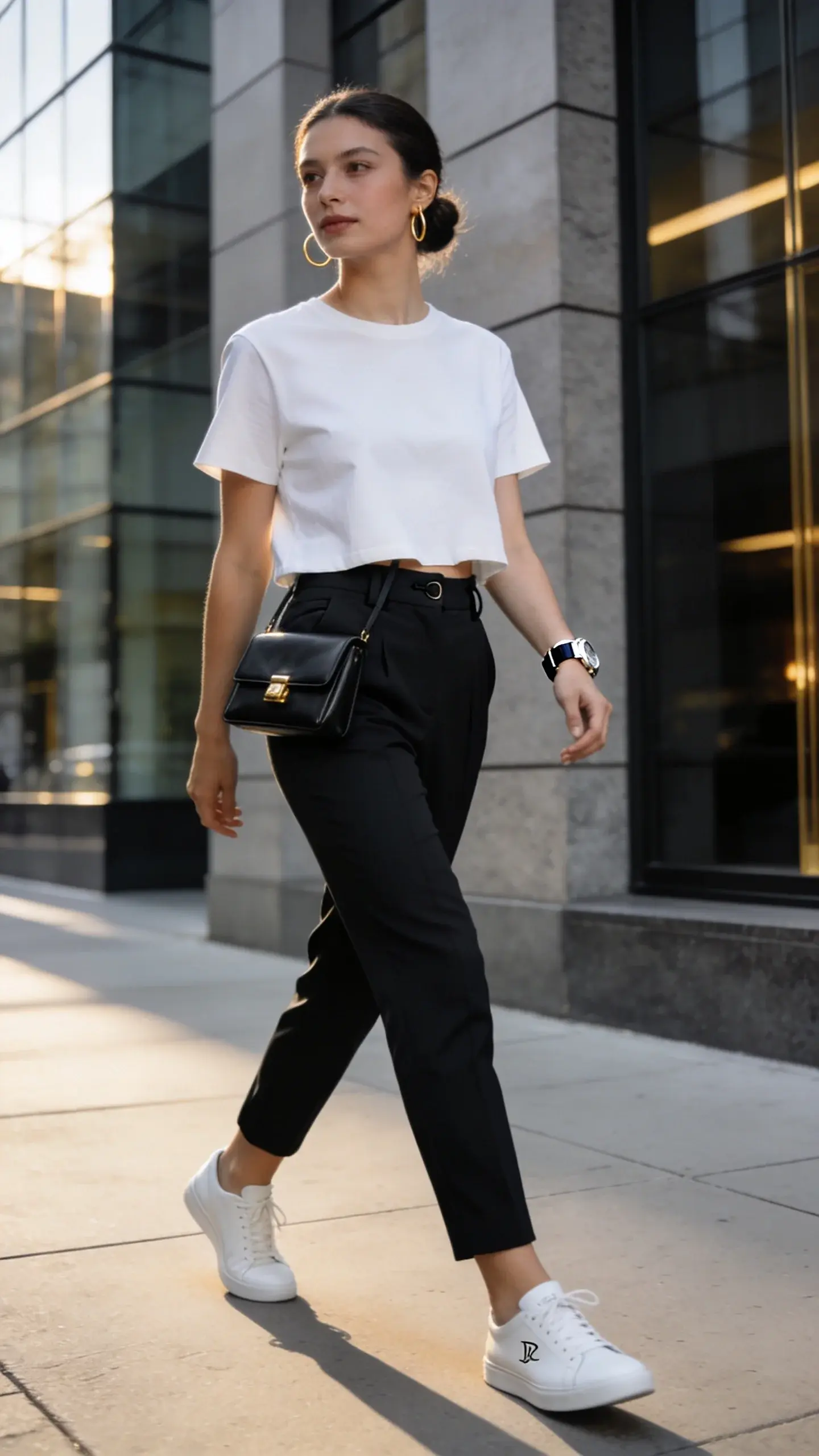 Realistic street-style photograph of a woman wearing an elevated tee-and-trousers outfit: a crisp, boxy white cotton tee with a slightly cropped, tuck-friendly hem paired with high-waisted, perfectly tailored black trousers that graze just at the ankle; minimal white leather sneakers, a small structured black crossbody bag worn on the hip, thin gold hoop earrings, and a classic silver-and-black watch. She’s mid-stride on a clean city sidewalk outside a modern glass-and-stone office building in soft late-afternoon light, shallow depth of field. Her hair is neatly pulled back in a low bun, natural makeup with a subtle glow. The trousers have sharp creases, pockets, and a subtle waistband tab; the tee’s fabric looks thick and luxe with a smooth finish. The sneakers are pristine with minimal branding. The bag has a sleek flap and polished hardware. Color palette: monochrome black, white, and charcoal with warm gold accents. Photographed at eye level with a 50mm lens, editorial-quality, high-resolution, realistic textures and shadows, no text.
