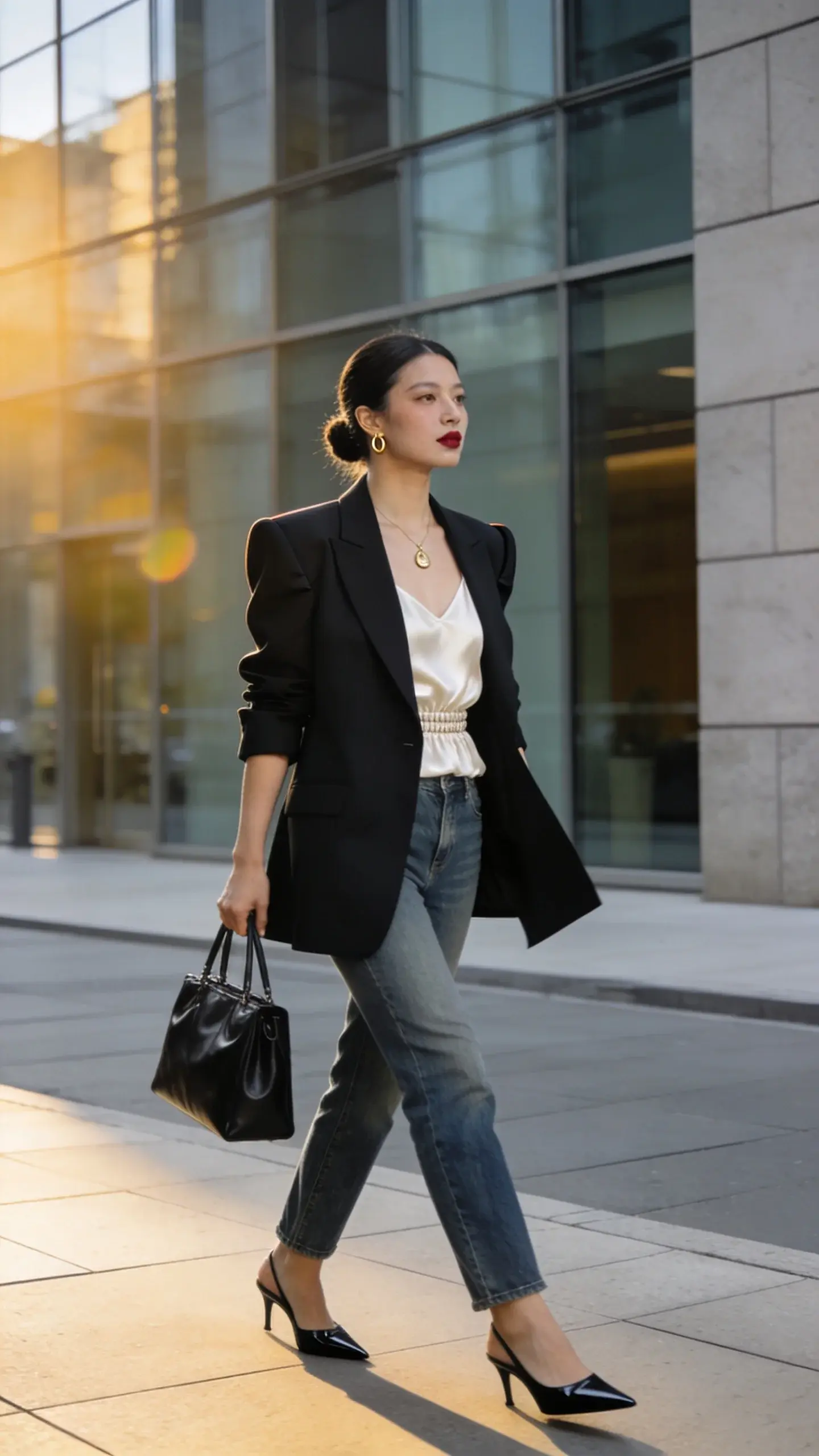 Realistic street-style photo of a confident woman in a business-casual look: she wears an oversized black blazer with structured shoulders and slim, tailored sleeves pushed to mid-forearm, paired with mid-wash straight-leg jeans that graze the ankle. Under the blazer, a tucked-in ivory silk camisole adds a soft sheen and waist definition. On her feet: black leather pointed-toe slingbacks. Accessories include a delicate gold pendant necklace, small gold hoop earrings, and a black structured leather tote carried in-hand. Hair is a sleek low bun; minimal, dewy makeup with a soft berry lip. She stands mid-stride on a modern city sidewalk near a glass-and-stone office building during golden-hour light, shallow depth of field, natural color grading. Add subtle movement to the blazer hem and a hint of sun flare at the edge of frame. Capture crisp fabric textures (wool blazer, denim grain, silk sheen, leather shoes and tote). 50mm lens, eye-level composition, editorial fashion photography, no text.