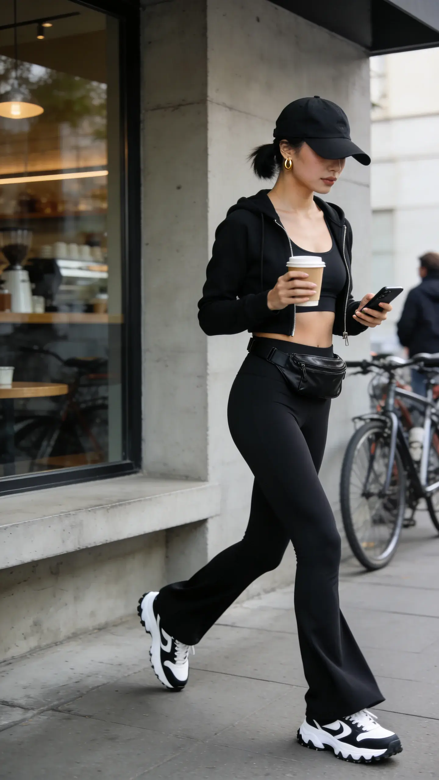 Urban street-style photo of a fashionable woman running errands in a sporty-chic monochrome look, captured in soft morning light outside a minimalist coffee shop with matte concrete and glass. She wears high-waisted black flared yoga pants and a supportive longline black sports bra under a cropped black zip hoodie, unzipped just enough to show clean lines. A sleek black belt bag is worn crossbody, and a black baseball cap shades her face; subtle gold huggie earrings peek out. On her feet: retro black-and-white running sneakers with a slightly chunky sole. She’s mid-stride with a to-go coffee in one hand and her phone in the other, posture confident and effortless. The palette is deep charcoal and black with crisp white sneaker accents; fabrics look elevated and matte, no sheen. Hair in a low, neat ponytail; natural glowy makeup. Background details: parked bicycles, a blurred passerby, and soft reflections in the café window for editorial realism. Shot on a 50mm lens, eye-level perspective, shallow depth of field, natural light, high-resolution, realistic textures, no text.