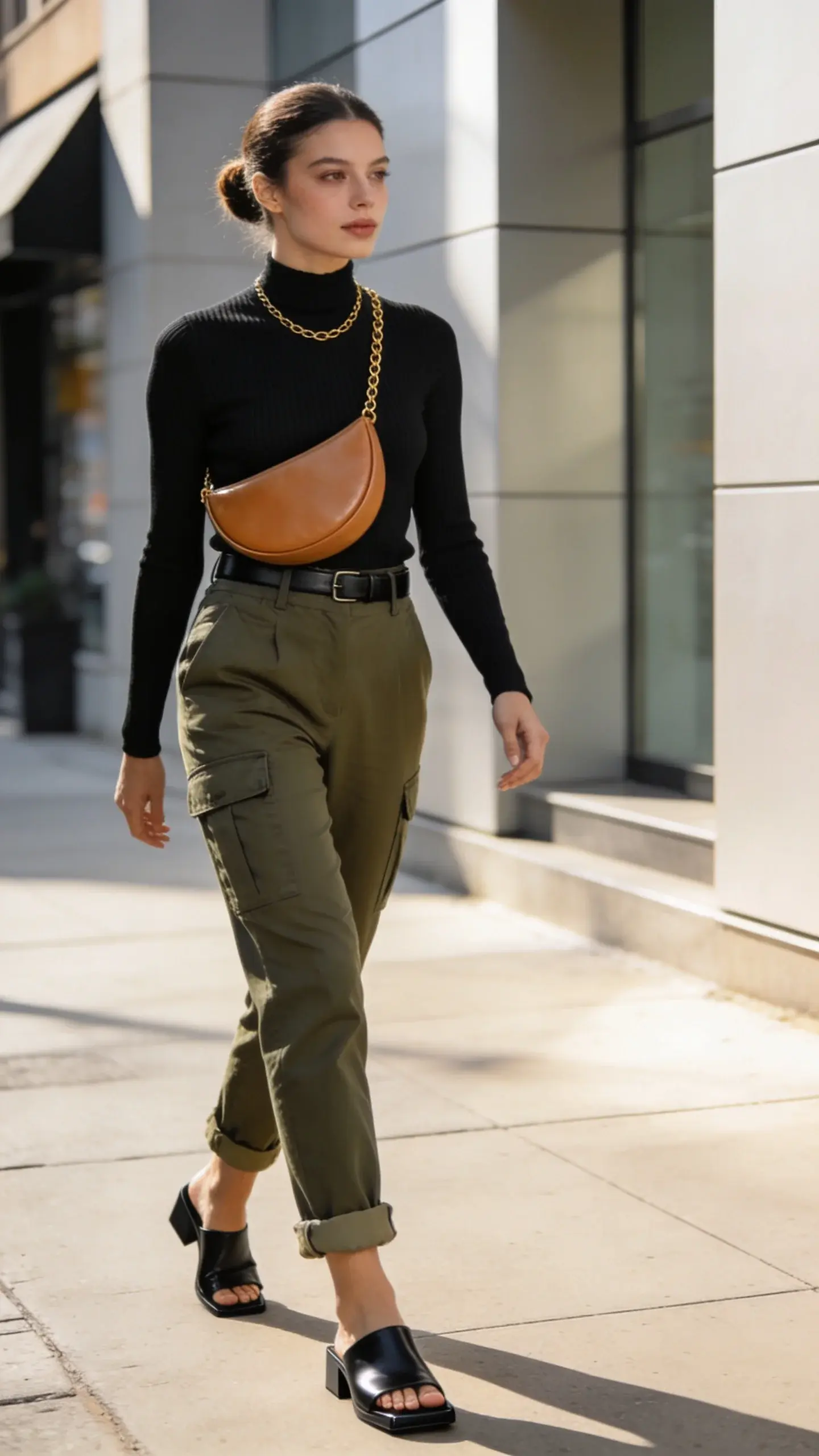 Street-style photo of a chic woman confidently walking in a sunlit city sidewalk, wearing slim olive cargo pants with minimal, flat pockets, a fitted black ribbed mock-neck top neatly tucked to define the waist, and square-toe black leather sandals. She accessorizes with a thin minimal black leather belt, a delicate gold chain necklace, and a structured half-moon crossbody bag in smooth tan leather worn high on the torso. Subtle cuffed hems on the cargos, natural makeup with soft glow, tidy low bun. Background features modern architecture, soft shadows, and a shallow depth of field for a polished, editorial feel. Natural daylight, slightly warm tones, ultra-realistic texture on fabrics and leather, 50mm lens look, high-resolution fashion photography.
