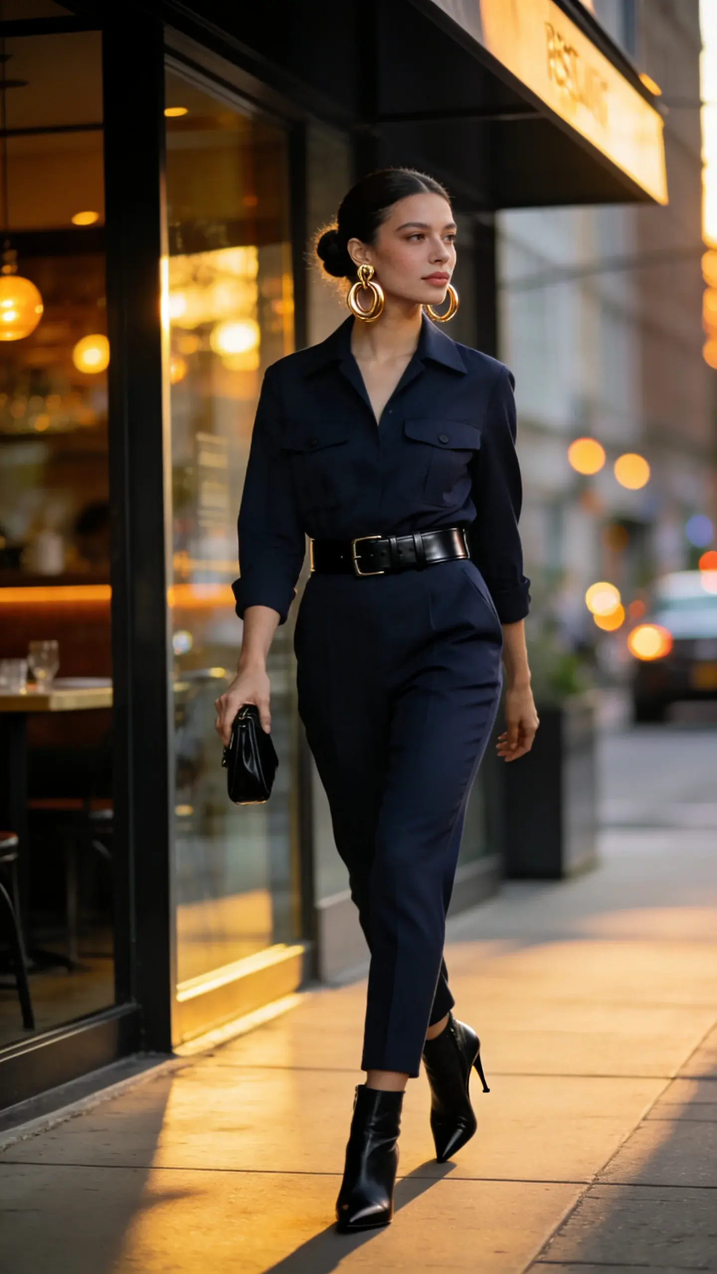 Golden-hour street style photo of a woman in a sleek day-to-night jumpsuit. She wears a tailored, deep navy utility-style jumpsuit with a defined waist cinched by a wide black leather belt, straight legs hemmed precisely to skim the top of her shoes. Footwear: black leather heeled ankle boots with a slim heel. Accessories: bold sculptural gold hoop earrings and a compact black crossbody worn short like a wristlet in hand. Hair: polished low bun; makeup: soft glow, defined liner, nude lip. She’s striding confidently along a modern city sidewalk outside a boutique restaurant, warm backlight catching subtle sheen in the fabric. The jumpsuit has clean lines, sharp collar, chest pockets, and a smooth tailored fit. Background: softly blurred urban evening lights, glass storefronts, hints of traffic bokeh. Style emphasis: intentional, one-and-done sophistication that transitions from office to dinner. Camera: full-body, slightly low angle for elongation, 50mm lens look, realistic color, high-resolution, natural shadows, no text.