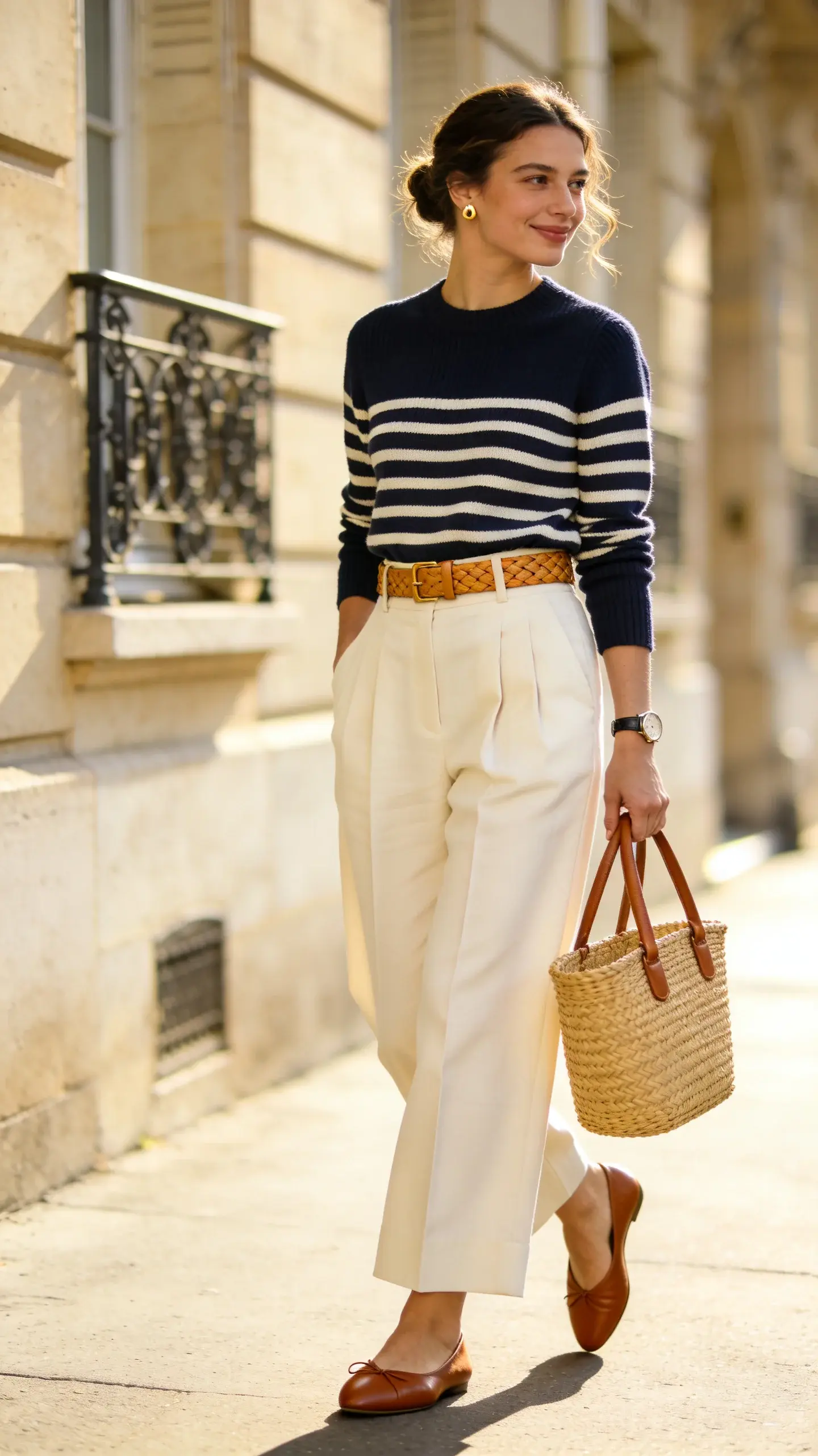 Natural-light street-style photograph of a chic woman in a classic Breton stripe and wide-leg combo that feels effortlessly French. She stands on a sunlit Parisian side street with limestone façades and iron balconies softly out of focus behind her. She wears a navy-and-ivory Breton striped long-sleeve knit, neatly tucked into high-waisted, cream wide-leg trousers with front pleats and a gentle drape. A slim tan woven leather belt defines the waist. On her feet: almond-toe leather ballet flats in caramel. She carries a structured straw basket bag with leather handles in one hand, minimal gold stud earrings, and a simple watch. Hair is a relaxed low bun with soft tendrils, fresh, natural makeup, and no beret. The trousers graze the tops of the shoes; petite-friendly length avoids pooling. Golden-hour lighting, shallow depth of field, realistic skin texture and fabric detail (visible knit ribbing, subtle trouser twill), candid mid-step pose, slight smile, airy, editorial fashion photography, 50mm lens, f/2.2, ISO 200, high-resolution.