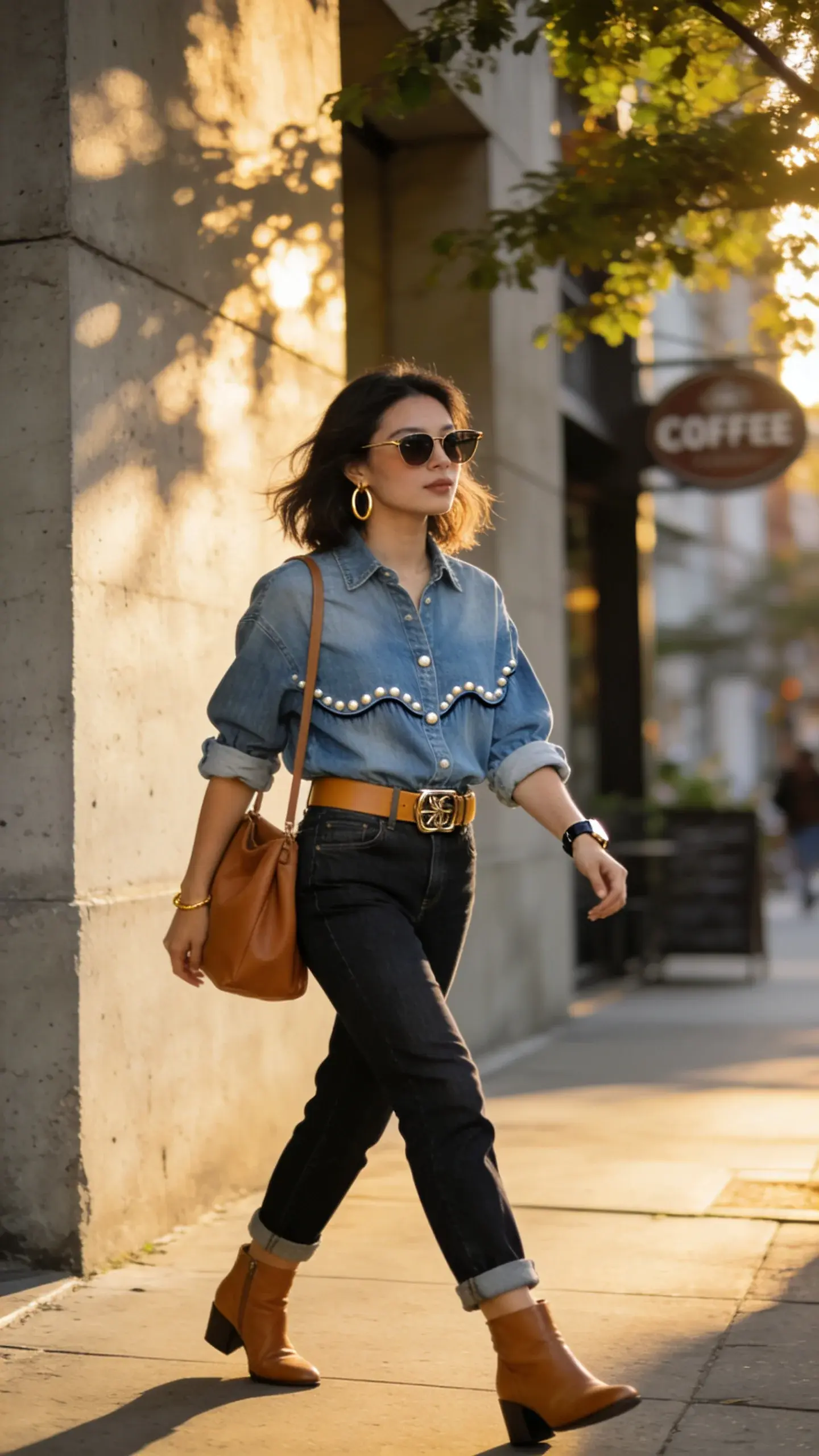 Street-style photo of a stylish woman in a denim-on-denim outfit walking on a sunlit city sidewalk, late afternoon golden hour. She wears a relaxed-fit light-wash denim shirt tucked into mid- to dark-wash straight boyfriend jeans, sleeves casually rolled to the forearms to reveal a slim gold bracelet and watch. A wide tan statement belt with a bold brushed-metal buckle defines the waist. On her feet: tan leather ankle boots with a low block heel. Accessories include chunky gold hoop earrings and a soft slouchy cognac tote carried on one shoulder, subtle cat-eye sunglasses, and minimal natural makeup with tousled shoulder-length hair. The denim shirt has pearl snaps and a slightly curved hem; the jeans have a clean, no-distressing finish and a gentle crop above the ankle. Background shows a modern urban block with textured concrete, a leafy tree casting dappled light, and a blurred coffee shop sign out of frame; shallow depth of field, sharp focus on textures of denim and leather. Color palette emphasizes tonal denim contrast (light top, darker bottom) with warm tan accents. Realistic, high-resolution fashion photography, candid movement, no text.