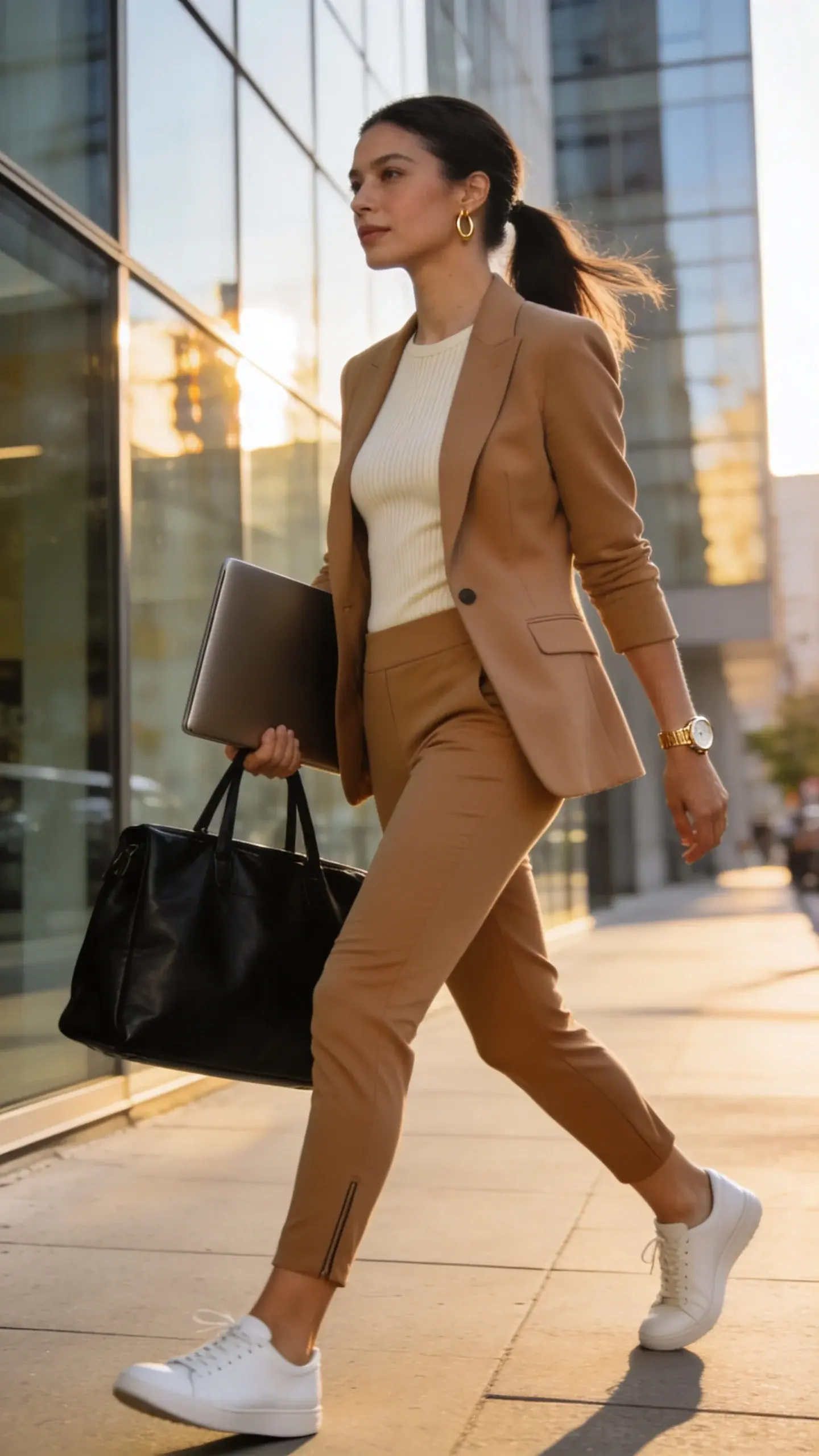 Realistic high-quality fashion photograph of a confident, busy professional woman in a “power-blend” suit that moves like athleisure, walking through a sunlit modern city sidewalk between glass office buildings. She wears a tailored stretch blazer in camel over a fine-knit cream bodysuit, paired with tapered ankle trousers with a hint of elastane in matching camel. Footwear: white sleek leather sneakers. Accessories: minimal gold hoop earrings, a slim gold watch, and a structured black leather tote large enough for a laptop, carried in the crook of her arm. The suit drapes cleanly yet flexes as she moves, emphasizing comfort and polish; slight wind gives natural motion to her hair and fabric. Styling is crisp and boardroom-ready but effortless: natural makeup, neat low ponytail. Lighting is soft golden hour, with subtle reflections on glass and a shallow depth of field to keep focus on fabric texture and fit (matte stretch suiting with gentle sheen, fine ribbed knit bodysuit). Color palette: camel, cream, white, black, gold accents. Photographed at waist-to-ankle three-quarter angle mid-stride to showcase mobility and tapered hem, 50mm lens, editorial street-style aesthetic, no text.