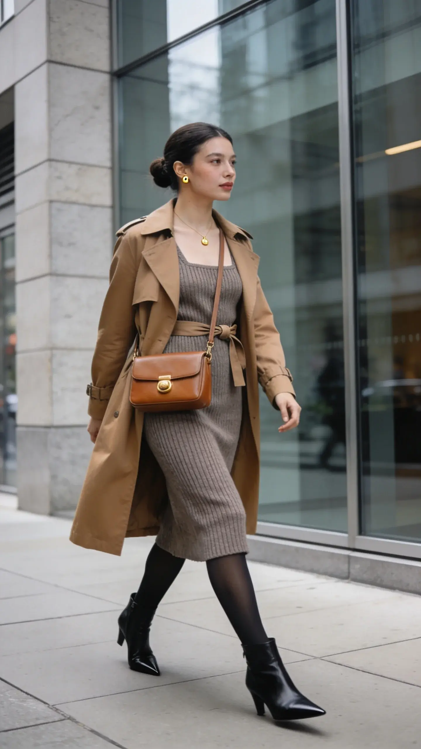 Realistic street-style photo of a busy professional woman wearing an elevated knit dress “shortcut” outfit: a midweight, rib-knit midi dress in heather taupe with a square neckline that skims (not clings), layered under a belted camel trench coat. She pairs pointed black leather ankle boots, opaque black tights (cool-weather vibe), and a structured crossbody bag in rich tan with subtle gold hardware. Jewelry is minimal: a delicate gold pendant necklace and tiny gold stud earrings. Hair is neatly pulled back in a low bun; fresh, natural makeup. She’s mid-stride on a modern city sidewalk near a glass-and-stone office building, morning light, soft overcast for even tones. Neutral, sophisticated color palette; realistic textures (ribbed knit, smooth trench, polished leather). Shallow depth of field focusing on the outfit, candid lifestyle pose, high-resolution fashion photography. No text.