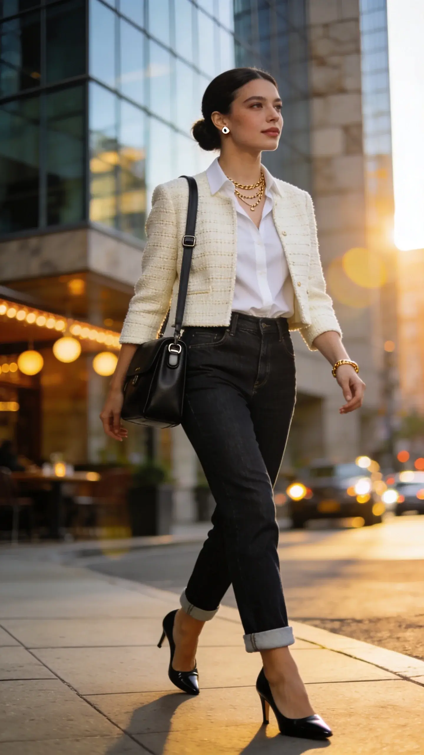 Realistic high-fashion street style photo at golden hour of a busy professional woman wearing a smart denim uniform that transitions from a 3 pm meeting to 6 pm cocktails: dark-wash straight-leg jeans with a clean hem, a crisp white button-up shirt slightly tucked, and a cropped cream tweed jacket with subtle texture; accessories include sleek black leather low-heel slingbacks, a medium-size structured black leather shoulder bag with minimal hardware, layered delicate gold chain necklaces and a simple gold bracelet, and understated stud earrings. Hair is a polished low bun, natural makeup with soft eyeliner and nude lip. She’s mid-stride on a chic city sidewalk outside a modern glass-and-stone office building with warm cafe lights in the background, bokeh traffic, and soft sun flare. Photographed at eye level with a 50mm lens, shallow depth of field, rich colors, crisp details in fabric texture, realistic skin tones, no text, editorial-quality lighting.