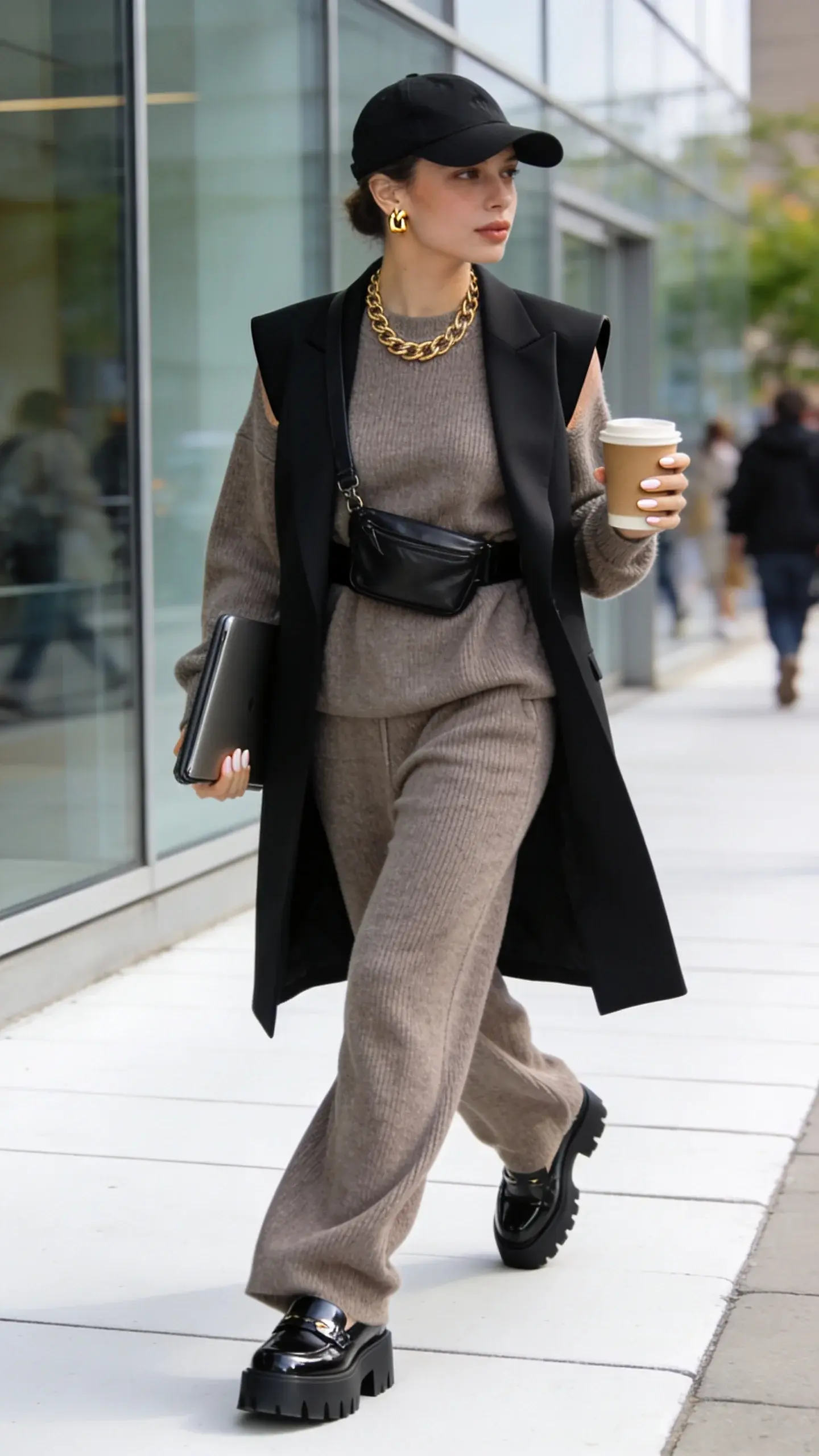 Realistic street-style photo of a busy modern woman in a “weekend-to-work athflow” outfit, midday urban sidewalk outside a minimalist glass office building. She wears a matching heathered taupe knit set: softly weighted, fine-rib fabric that drapes—wide-leg pants skimming white sidewalks and a slightly boxy crewneck top with subtle drop shoulders. Over it, a tailored black longline sleeveless blazer with sharp lapels and clean armholes for contrast. On her feet: glossy black chunky-sole loafers with a low platform. Accessories: a sleek black leather belt bag worn crossbody high on the chest, thick gold chain necklace, small gold statement stud earrings, and a black baseball cap for an off-duty touch. She carries a slim laptop sleeve in one hand and a takeaway coffee in the other, mid-stride, natural movement. Hair tucked, minimal glowing makeup, short nude nails. Background details: soft morning light, shallow depth of field, blurred commuters and subtle city greenery. Color palette: taupe, black, gold, and cream. Photographic style: high-resolution, candid editorial street photography, 50mm lens look, crisp textures, realistic shadows, no text.