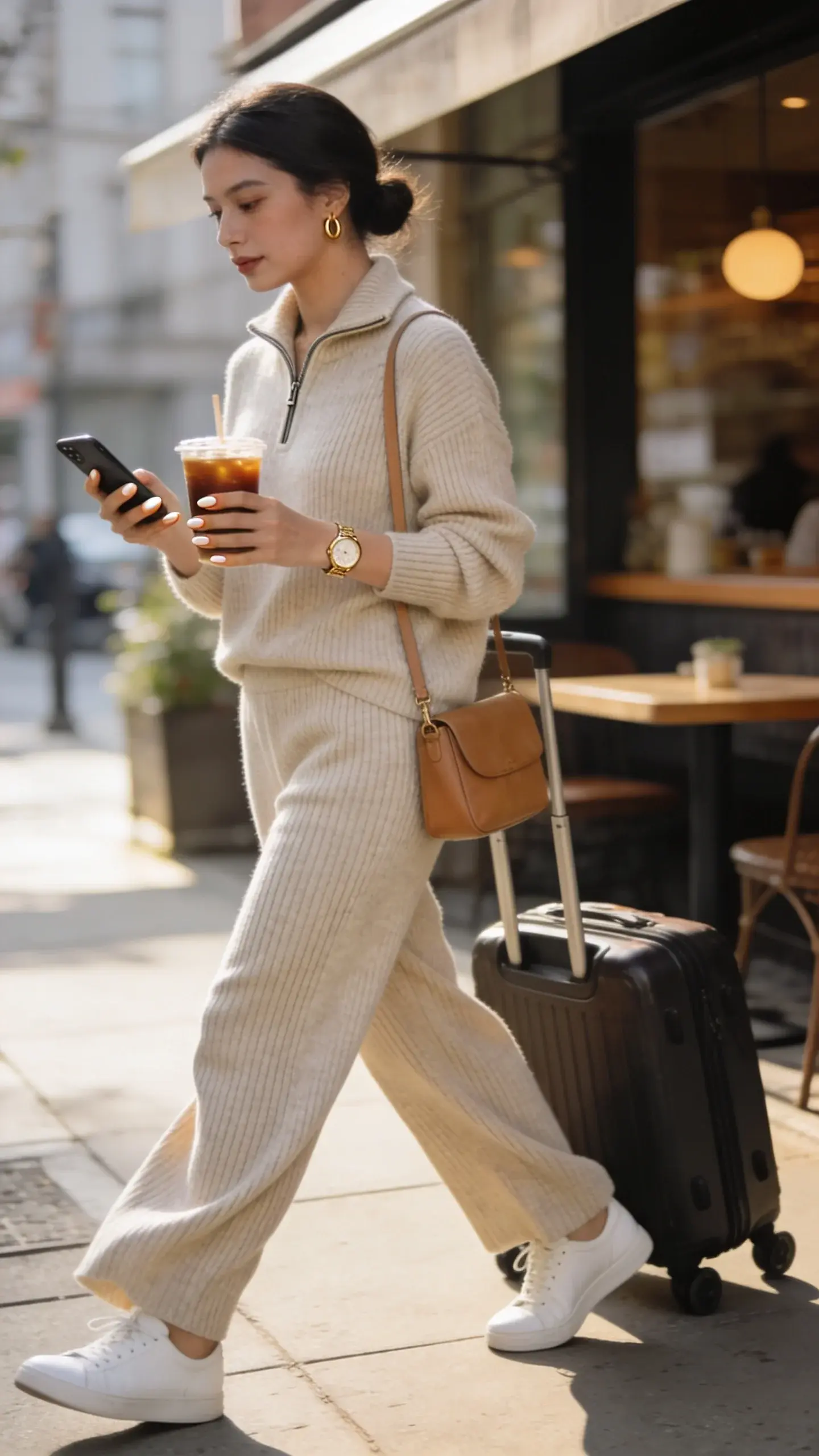 Realistic street-style photo of a woman in a soft matching knit co-ord set, embodying effortless, comfortable everyday style. She wears a lightweight ribbed knit half-zip sweater and matching ribbed knit wide-leg pants in a warm heathered oatmeal. Slightly relaxed, drapey fit that skims the body without clinging. Clean white leather sneakers, minimal tan leather crossbody bag, small gold hoop earrings, and a slim gold watch. Natural makeup, loose low bun, and short neutral nails. She’s mid-stride on a sunlit city sidewalk outside a cozy cafe, holding an iced coffee and her phone, with a carry-on roller bag beside her to hint at travel/errands. Soft morning light, shallow depth of field, creamy bokeh, true-to-life color, visible ribbed texture and softness of the knit, subtle movement in fabric. Editorial-quality fashion photography, 35mm lens perspective, high resolution, no text.