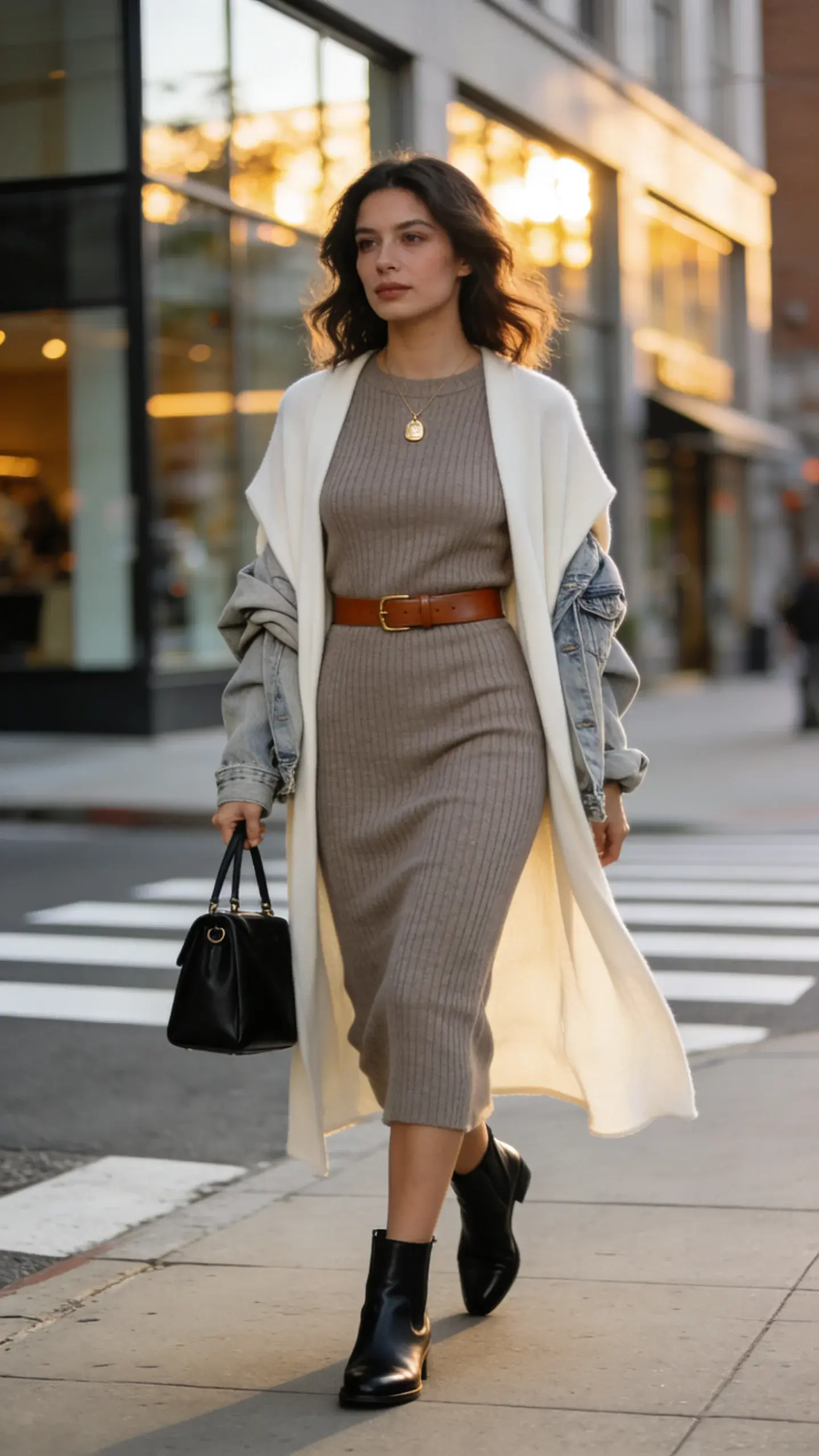 Street-style photo at golden hour of a woman in a power knit dress walking confidently along a city sidewalk. She wears a taupe midi ribbed knit dress with a skimming, body-skimming (not tight) fit, a lightweight ivory longline cardigan draped over her shoulders, and black leather Chelsea boots. A thin cognac leather belt sits just above her natural waist, subtly defining her shape. She carries a structured black top-handle bag in one hand and wears a minimal gold pendant necklace. Optional layer: a light-wash denim jacket casually knotted over the cardigan sleeves. Her hair is softly waved, makeup natural and polished. Styling emphasizes movement and ease: the knit fabric shows gentle texture, the cardigan flows as she walks. Background: modern urban streetscape with soft bokeh—glass storefronts, crosswalk lines, and warm sunlight reflecting off windows. Color palette is neutral and refined (taupe, ivory, black, cognac, light denim). Shot on a full-frame camera with a 50mm lens, shallow depth of field, high-resolution, realistic lighting, editorial street-fashion aesthetic, no text.
