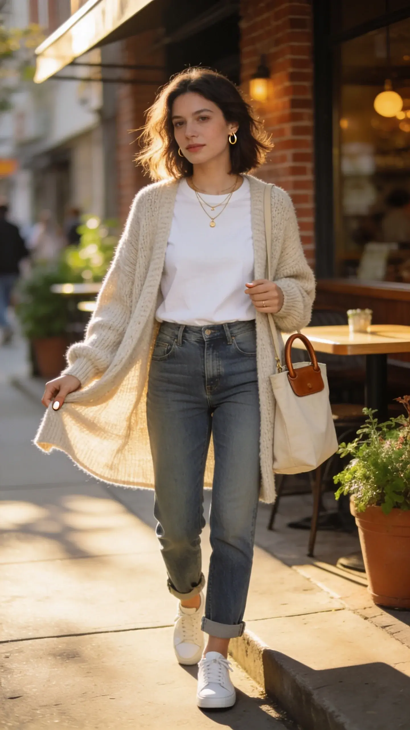 Real-life woman in her early 30s with an effortlessly chic vibe, captured candidly outside a cozy neighborhood café at golden hour. She’s the main subject: wearing slightly cropped, mid-wash straight-leg mid-rise jeans with a subtle stretch and relaxed straight silhouette; a super-soft white cotton crewneck tee fully tucked; and an oversized chunky knit oatmeal cardigan draped open for movement. Footwear: white low-profile leather sneakers with minimal detailing. Accessories: layered delicate gold necklaces, small gold hoop earrings, and a natural canvas tote slung over one shoulder with a leather-handled detail. Styling details: soft, slightly tousled shoulder-length hair, minimal fresh makeup, neutral short nails. She stands mid-step on a sunlit sidewalk with soft shadows, one hand casually adjusting the cardigan hem as it catches a light breeze. Background elements: café tables, potted greenery, warm brick, blurred passerby for city-life realism. Photographic style: high-resolution, natural light, shallow depth of field (subject in crisp focus, creamy bokeh background), 35mm lens look, soft warm tones, subtle film grain. No text, no logos.