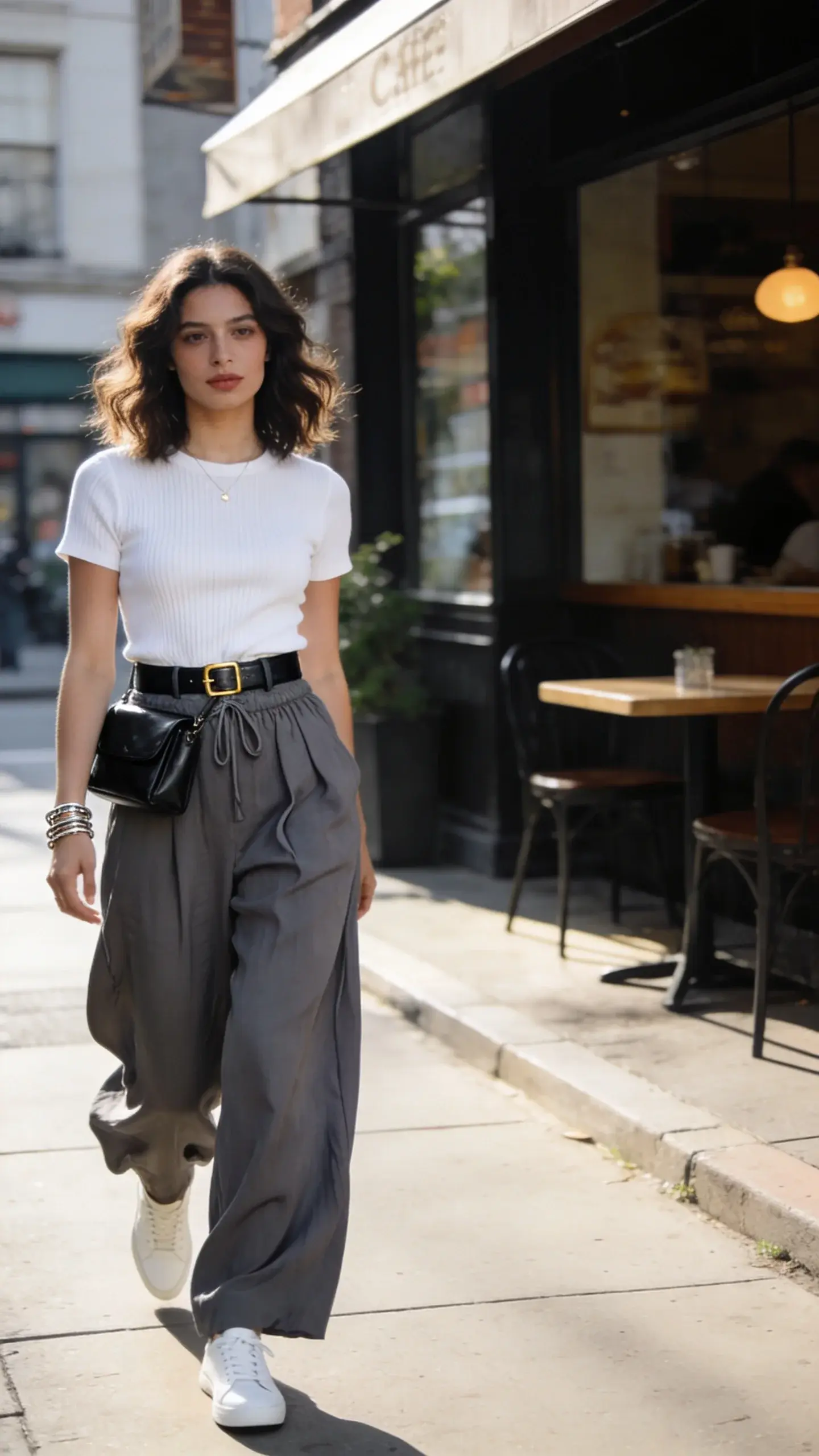 Realistic street-style photo of a woman in her late 20s with natural makeup and loosely waved shoulder-length hair, showcasing “effortless style” in real everyday life: she wears flowy, high-waisted wide-leg trousers in soft charcoal with a subtle drape and elastic waist, paired with a fitted ribbed short-sleeve knit tee in crisp white, tightly front-tucked to define the waist. Add a slim black leather belt with a minimal gold buckle (through belt loops), delicate mixed-metal bracelet stack, and a structured black leather crossbody bag worn high at the hip. On her feet: clean white minimal leather sneakers. She’s mid-stride on a sunlit city sidewalk outside a neighborhood café, soft morning light, shallow depth of field, natural color grading, slight motion in the trouser fabric. Candid composition, full-body angle at street level, polished yet relaxed vibe. Emphasize fabric texture and drape, subtle jewelry sparkle, and the balance of volume (trousers) with a close-fitting top. No text, high-resolution, editorial fashion photography.