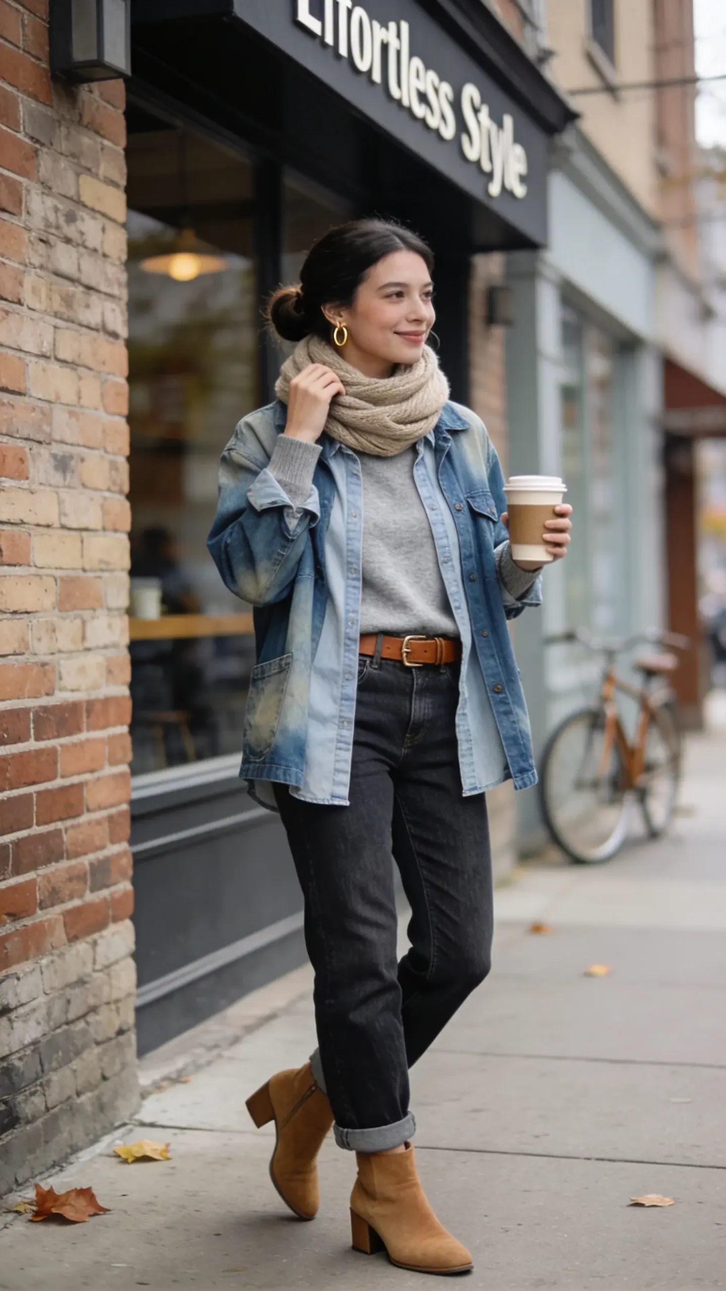 Realistic street-style photo of a woman in “Effortless Style” everyday wear, showcasing Denim on Denim, The Cozy Edition. She stands on a quiet city sidewalk near a coffee shop in soft overcast afternoon light. Outfit: a relaxed, light-wash denim shirt worn open beneath a faded indigo chore jacket, layered over a heather-gray soft crewneck sweater; medium-dark wash barrel-leg jeans with natural creasing; tan suede ankle boots with a low block heel; cognac leather belt; chunky oatmeal scarf loosely wrapped around her neck (seasonal touch). Mix of denim tones is intentional: light on top, darker on bottom. Accessories: simple gold hoops, minimal makeup, hair in a loose low bun, holding a takeaway coffee. Pose: casual mid-step with one hand adjusting the scarf, easy half-smile. Environment: textured brick wall, muted storefronts, a parked vintage bicycle blurred in background; subtle fallen leaves on the pavement for a cozy vibe. Photography: high-resolution, natural soft light, shallow depth of field (subject crisp, background tastefully blurred), filmic color grading with warm neutrals and cool denim blues, editorial fashion feel, no text.
