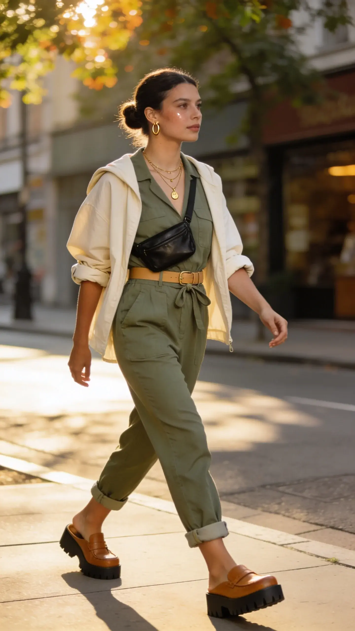 Golden-hour street style photo of a woman in a relaxed, utility-style jumpsuit that’s clearly the star of the look—soft olive green, breathable cotton-twill with a defined waist tie, slightly tapered legs, and rolled cuffs at the ankle. She layers a lightweight ecru shacket casually over her shoulders (sleeves rolled), and wears tan leather slip-on clogs with a chunky sole. Accessories: layered delicate gold pendant necklaces, slim gold hoop earrings, a slim tan belt threaded through the jumpsuit loops (subtle cinch), and a compact black leather crossbody worn high on the torso. Hair in a low, effortless bun; minimal natural makeup with dewy skin. She’s mid-stride on a clean city sidewalk with dappled sunlight, soft bokeh of leafy trees and muted storefronts behind her. The vibe is “I have 3 minutes” but polished: practical pockets, slightly cropped leg to showcase footwear, confident posture. Color palette earthy neutrals with warm highlights. Shot on a full-frame camera, 50mm lens, shallow depth of field, high-resolution, natural light, editorial street-fashion aesthetic. No text.