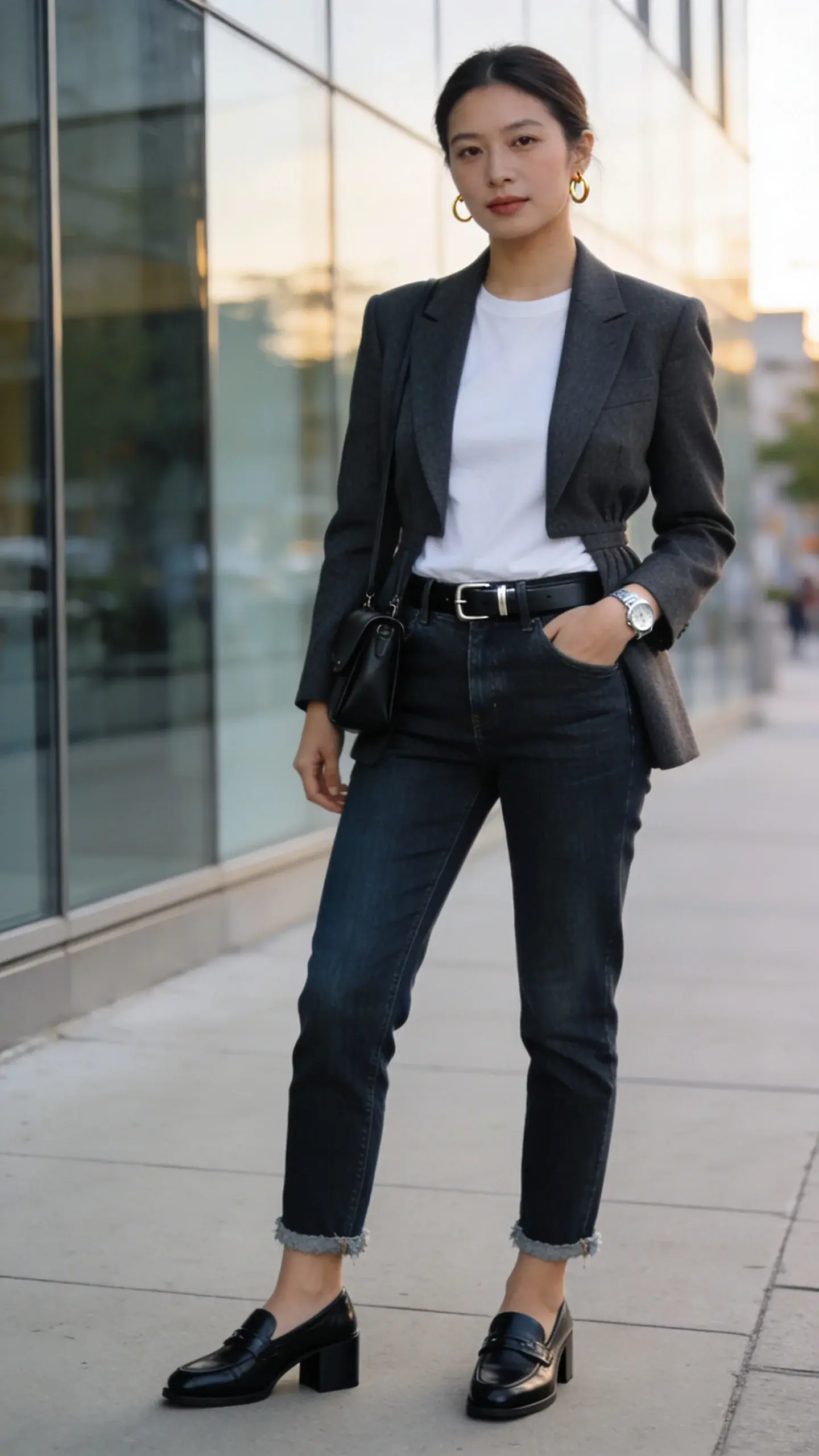 Full-body street-style photo of a woman in a tailored blazer and relaxed jeans, captured in soft late-afternoon light on a clean city sidewalk near a modern glass building. She wears a sharp, structured single-breasted blazer in charcoal that skims her shoulders and nips slightly at the waist, paired with mid-rise straight-leg jeans in a medium-dark wash with a subtle break at the ankle. Underneath, a crisp white cotton tee with a clean crew neckline. On her feet: polished black leather loafers with a low stacked heel. Accessories are minimal and refined: a slim black leather belt with a subtle silver buckle, small gold hoop earrings, and a sleek silver watch. Her hair is softly pulled back with natural makeup and a neutral lip. She carries a small black leather crossbody tucked under her arm, one hand in pocket for relaxed attitude. Background slightly blurred for depth of field; color palette neutral and timeless (charcoal, white, denim blue, black). Lighting natural and flattering, emphasizing texture of wool blazer and denim. Photographed on a 50mm lens for realism, editorial fashion aesthetic, high resolution, no text.