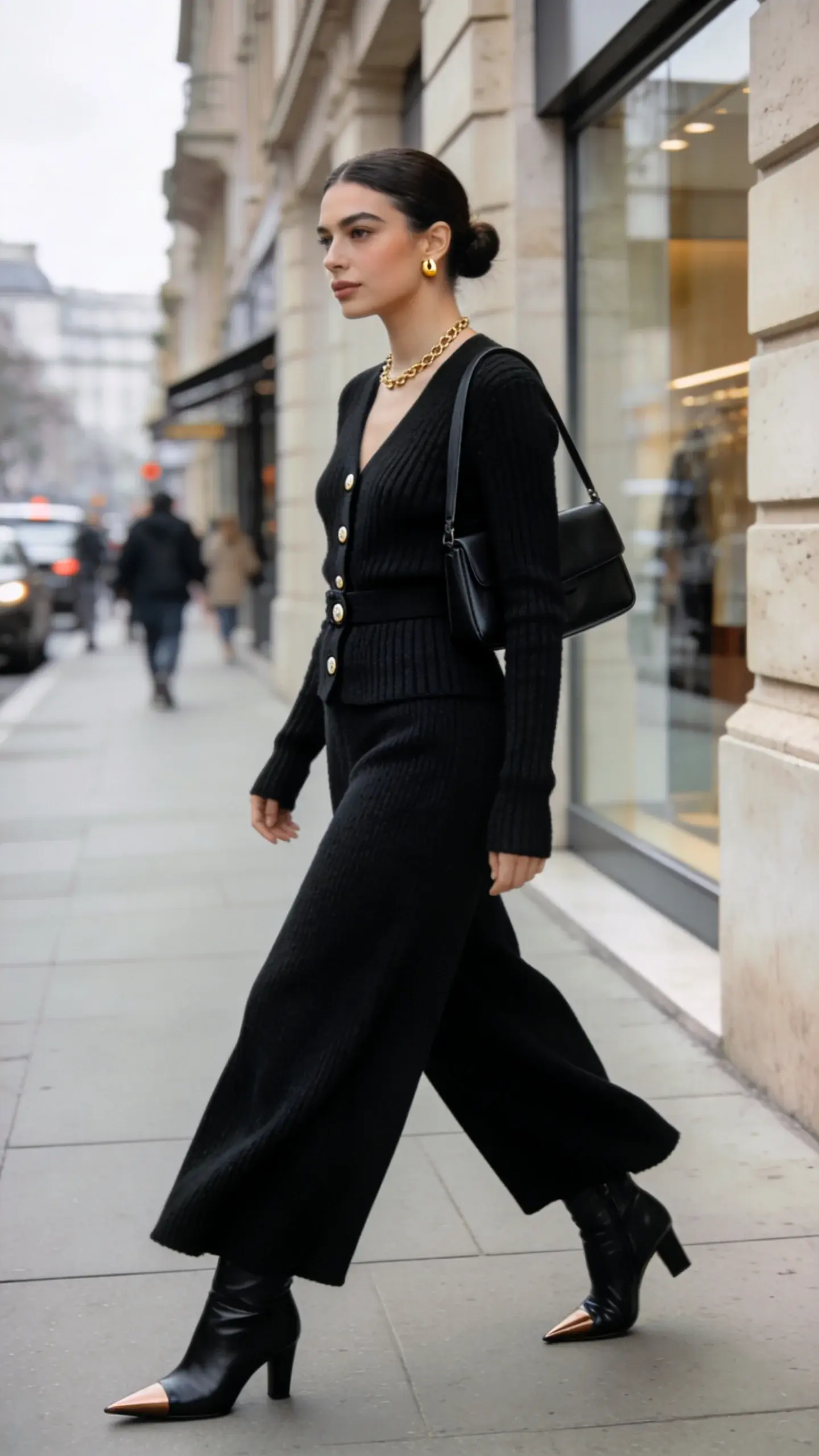Realistic street-style photo of a confident woman in a monochrome knit set that feels like pajamas but looks like she runs things: she wears a fitted ribbed knit black cardigan, buttoned just enough to define the waist, paired with a flowy, matching black wide-leg knit pant for contrast; sleek black leather ankle boots with a subtle pointed toe; a structured black crossbody bag with clean lines worn on the shoulder; delicate gold chain necklace and small gold stud earrings. Hair in a low, polished bun, minimal natural makeup with soft matte skin and defined brows. She’s mid-stride on a clean, modern city sidewalk near travertine building facades and glass storefronts, soft overcast daylight for even, luxurious lighting, shallow depth of field to blur background pedestrians and traffic. Emphasis on rich knit texture, tonal monochrome harmony, and power-meets-comfort vibe. High-resolution fashion photography, 50mm lens look, editorial yet candid. No text.