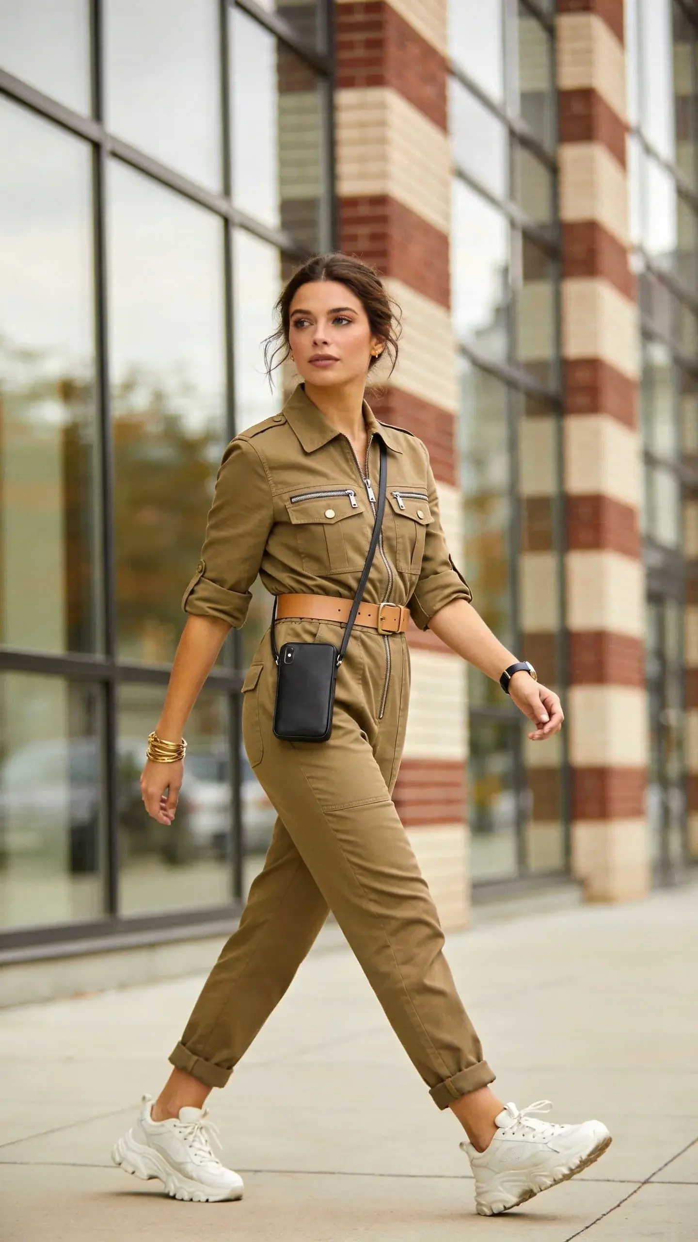 Full-body street-style photo of a woman wearing a utility jumpsuit that gets compliments everywhere you go: a tailored khaki boiler suit with a subtle nip at the waist, sleeves casually rolled to the elbows, and ankles cuffed to reveal chunky white sneakers. Add a slim tan leather belt defining the waist (optional feel), a sleek black crossbody phone bag worn diagonally, and layered gold bracelets with a minimalist statement watch. Natural makeup, slightly tousled hair tucked behind one ear. She’s mid-stride on a clean city sidewalk outside a modern glass-and-brick building, soft overcast daylight, shallow depth of field for a creamy background bokeh. Emphasize crisp fabric texture, utility details (patch pockets, metal zipper, reinforced seams), and a confident, capable vibe—like she could fix a sink then lead a board meeting. Photographed on a 35mm lens, high-resolution, realistic color grading, editorial street-fashion aesthetic. No text.