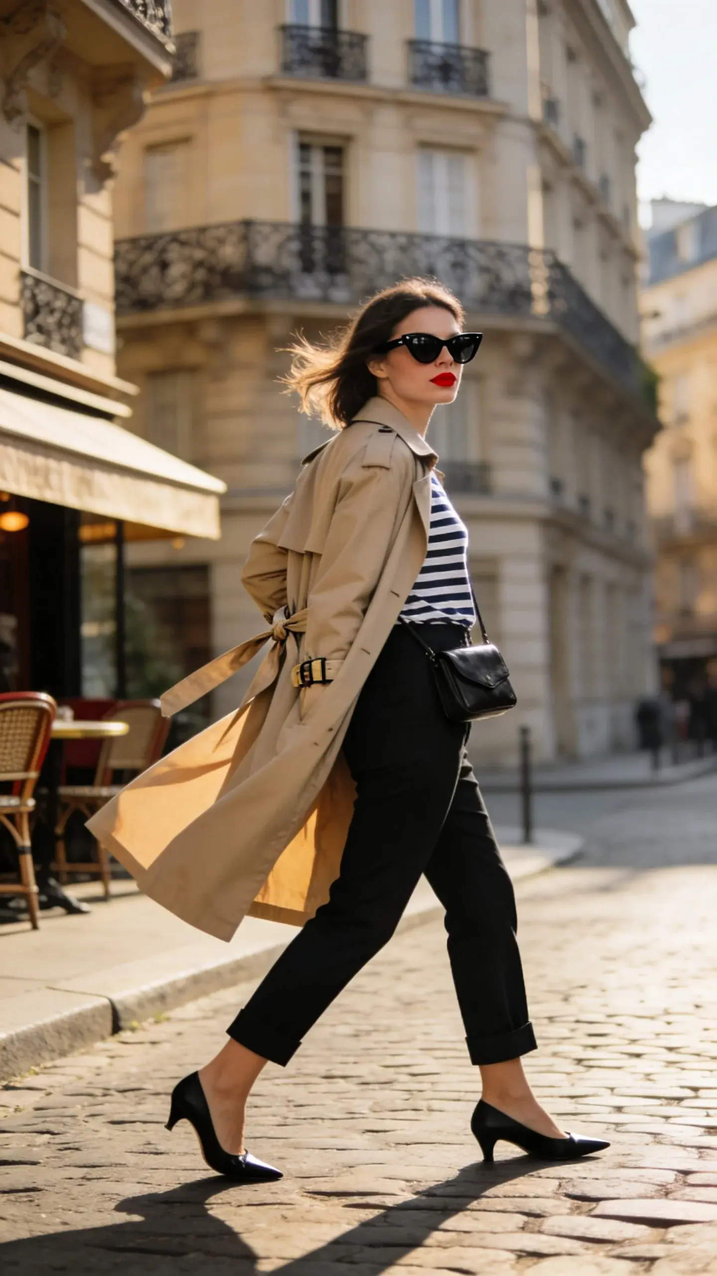 Golden-hour street scene in Paris showing a chic woman mid-stride on a cobblestone sidewalk, wearing a classic beige trench coat left open with the belt tied at the back, a navy-and-white Breton striped tee tucked fully into slim, cropped black cigarette trousers, and black pointed slingback flats. She carries a small black leather crossbody at hip height and wears glossy black cat-eye sunglasses; a soft matte red lip adds a chic pop. Light breeze lifts the trench hem; subtle movement in her hair. Background features Haussmann façades, wrought-iron balconies, and a corner café with bistro chairs, softly out of focus. Natural warm light, high-resolution editorial street-style photography, shallow depth of field, full-length portrait, realistic textures on cotton knit, gabardine trench, and leather accessories, color-accurate tones, crisp shadows, no text.