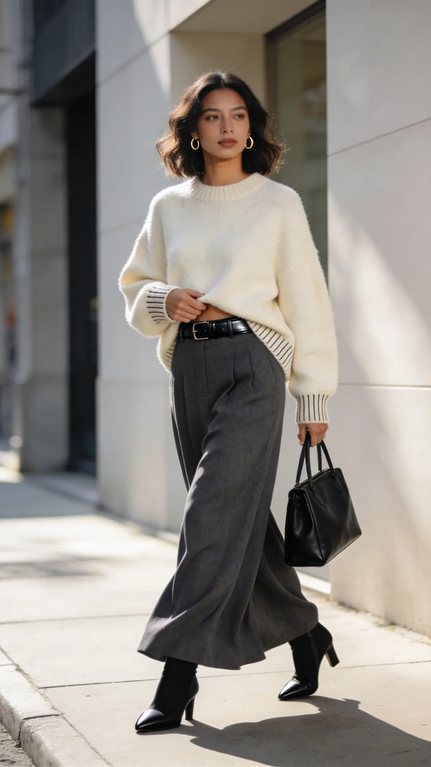 Realistic street-style fashion photo of a woman wearing an oversized cashmere sweater and wide-leg trousers, embodying “Yes I’m comfortable, thanks for asking.” Setting: clean, sunlit city sidewalk near minimalist architecture with soft morning light and a shallow depth of field. Subject: late 20s woman, medium-tan skin, natural makeup, softly waved shoulder-length hair peeking from behind a cozy, oversized cream cashmere sweater with subtly ribbed cuffs and hem. The sweater is front-tucked to reveal a slim black leather belt over high-waisted, fluid, charcoal gray wide-leg trousers in a drapey wool blend that skim the ground. Footwear: black heeled ankle boots with a sleek almond toe. Accessories: small gold huggie hoops, a minimal structured black leather tote carried in-hand, no visible logos. Styling details: proportion play emphasized—voluminous top, flowy bottom—balanced by the defined waist; trousers’ hem just grazing the tops of the boots for an elongated leg line. Pose: walking mid-stride, relaxed confidence, one hand adjusting the front tuck, the other holding the tote. Lighting: soft, diffused natural light with gentle shadows; color palette of creams, charcoals, and black with subtle texture contrast (fuzzy knit vs. smooth drape). Camera: 50mm lens, eye-level, full-body shot; high-resolution, editorial quality. No text, no visible branding.
