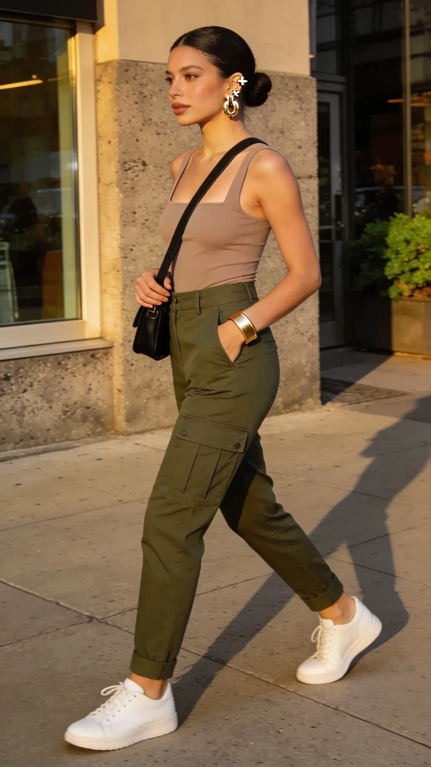 Full-body, street-style fashion photo at golden hour in a modern city streetscape: a confident woman in straight-leg cargo pants (olive green, mid- to high-rise with streamlined, flat cargo pockets) paired with a minimal square-neck bodysuit in soft taupe; she wears clean white leather sneakers and carries a black mini crossbody with a slim strap worn high across the torso; accessories include chunky statement stud earrings and a sleek gold cuff bracelet. Hair in a low, polished bun, natural glowy makeup. She casually slips one hand into a pocket to highlight the utility vibe, the other resting near the bag strap. Warm directional sunlight creates crisp shadows; background features textured concrete, a glass storefront, and a hint of greenery for contrast. Color palette: olive, taupe, black, white, gold. Camera: 50mm lens, eye-level, shallow depth of field, ultra-realistic, high-resolution editorial look. No text.